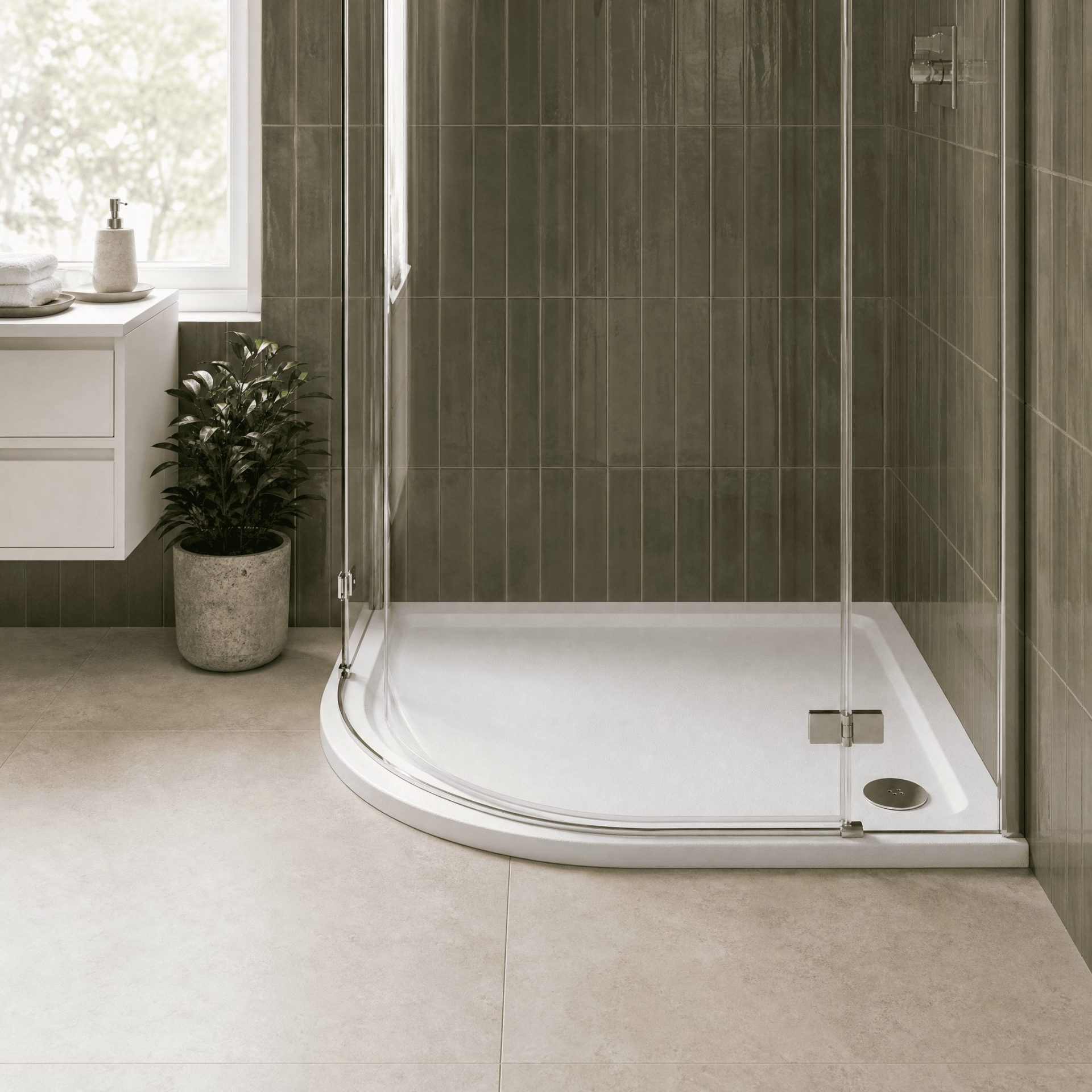 Nuie 40mm Slip Resistant Slimline Offset Quadrant Shower Tray – Matt White
