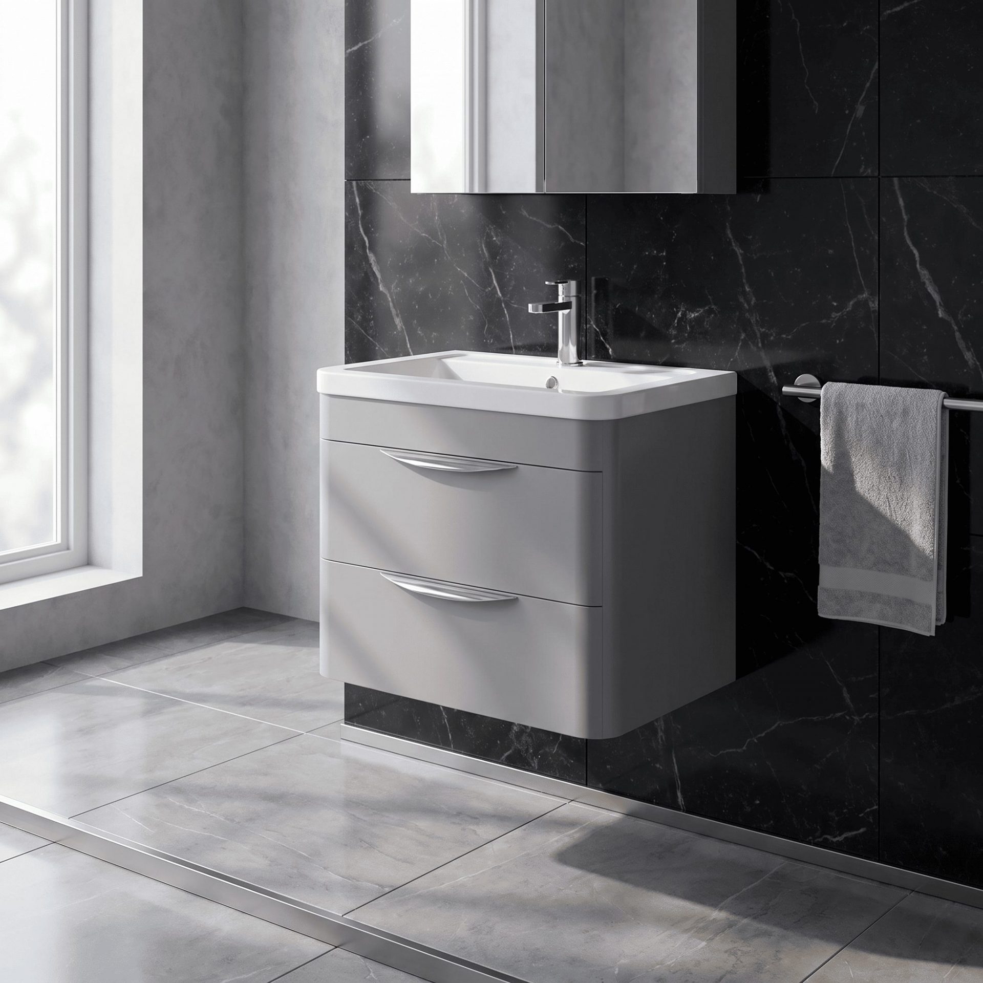 Nuie Parade 600mm 2 Drawer Wall Hung Vanity Unit & Ceramic Basin – Satin Grey