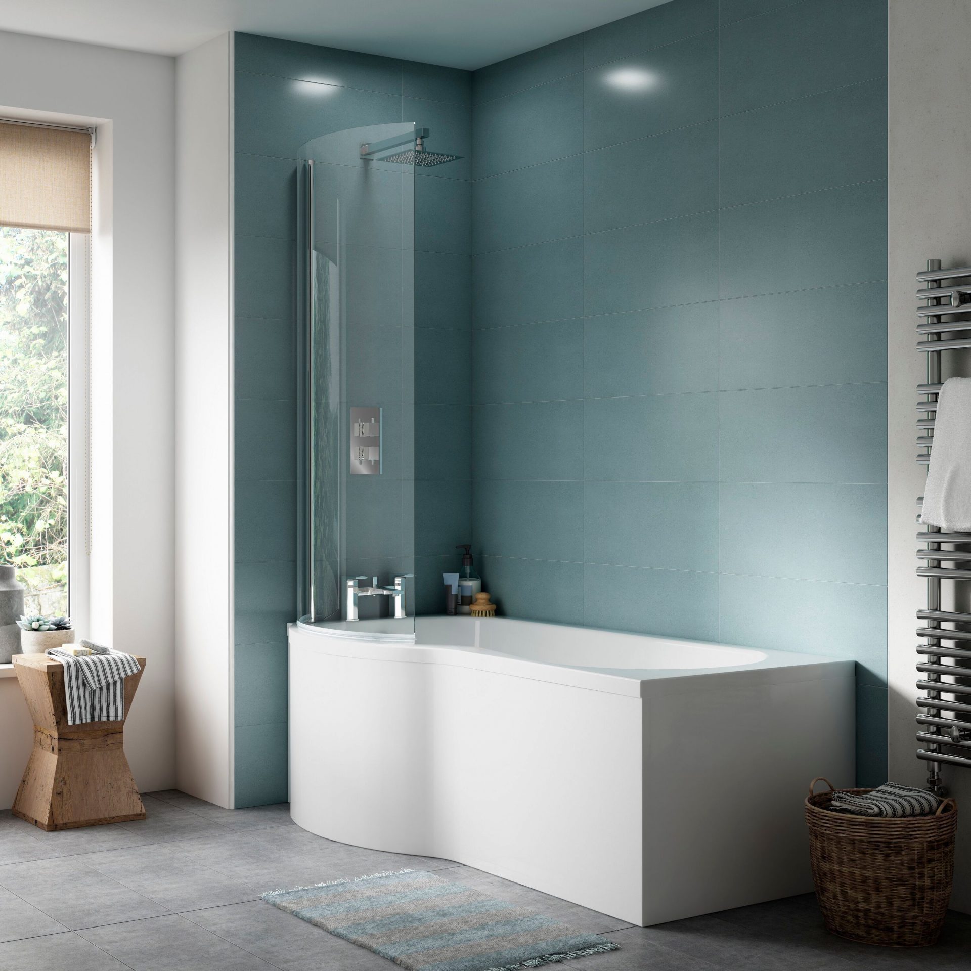 1700mm Right Hand P-Shaped Shower Bath With Screen, Side Panel And Leg Set