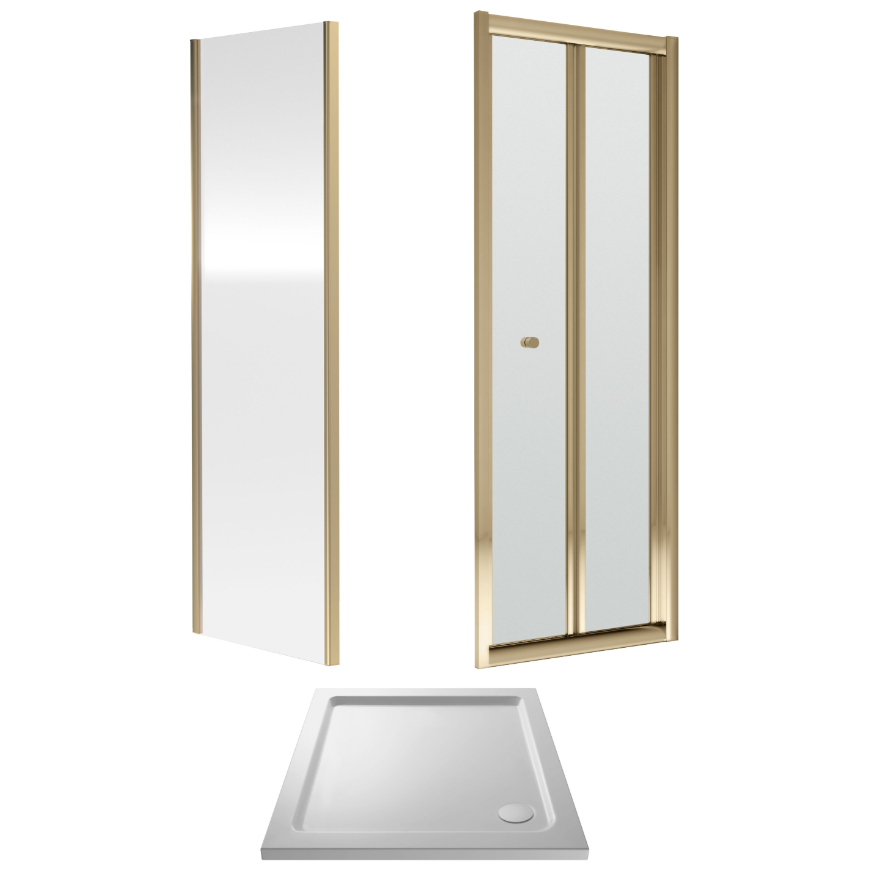 760 x 760mm Brushed Brass Bi-fold Door Shower Enclosure With White Tray