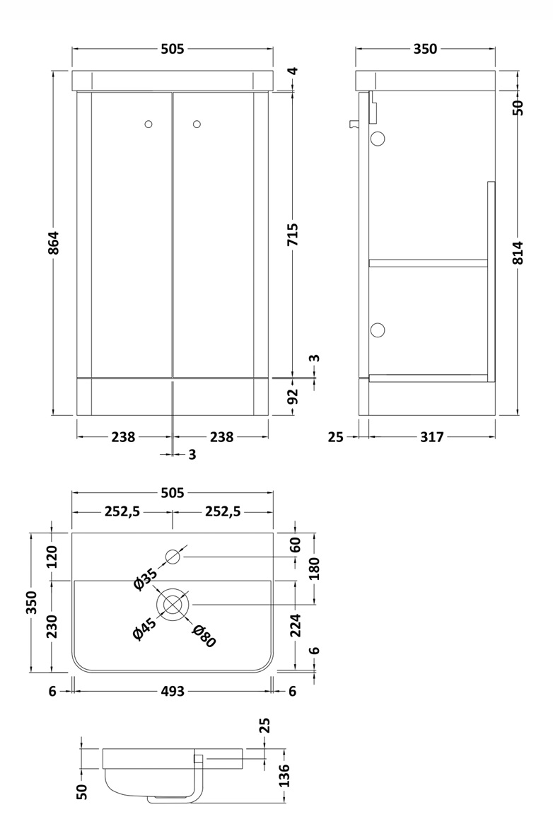 Nuie Core 500mm 2 Door Floor Standing Vanity & Basin – Gloss White