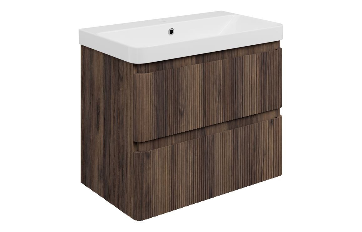 MyBathrooms Clara Fluted 805mm 2 Drawer Wall Hung Unit & 1TH Basin – Textured Walnut