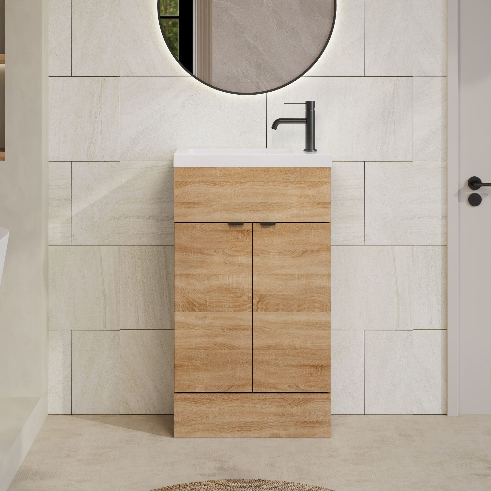 Hudson Reed Fusion Slimline 500mm 2 Door Floor Standing Vanity Unit – Bleached Oak