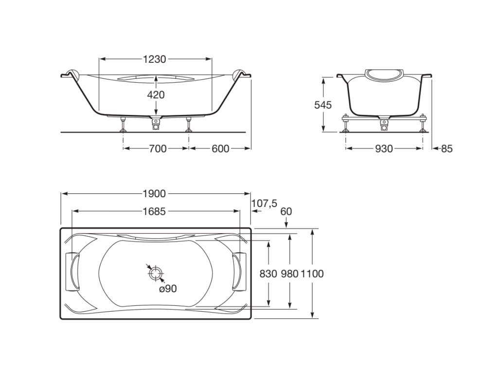 Roca BeCool 1900×1100 Double Ended Acrylic Bath with Grip, 2 Headrests & Waste