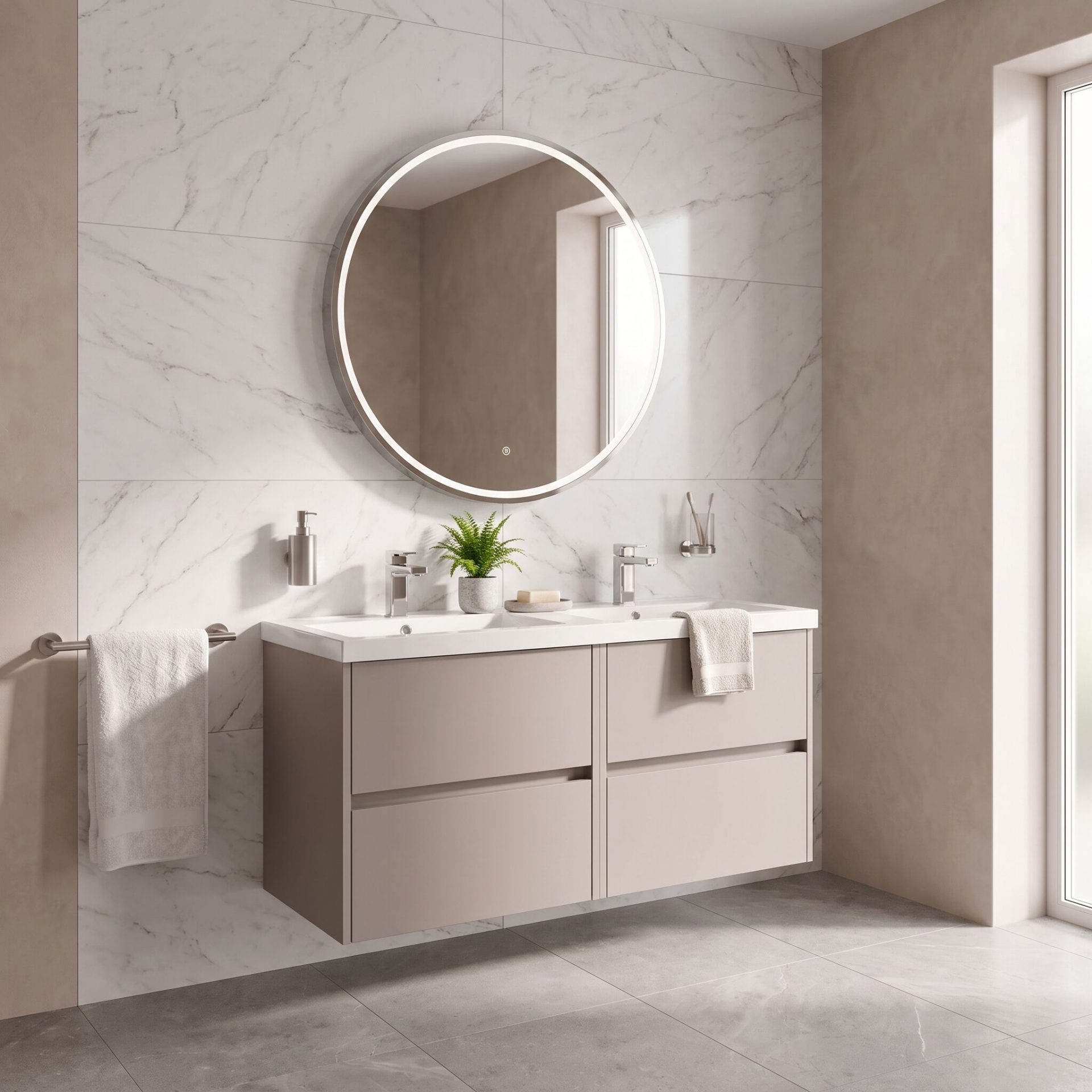Nuie Havana 1200mm 4 Drawer Wall Hung Unit & Twin Polymarble Basin – Soft Linen