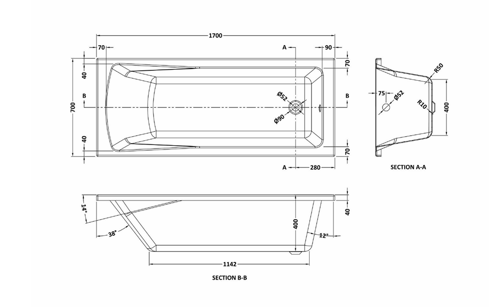 1700 x700mm Square Single Ended Bath, Pan & Cistern, Basin & Pedestal