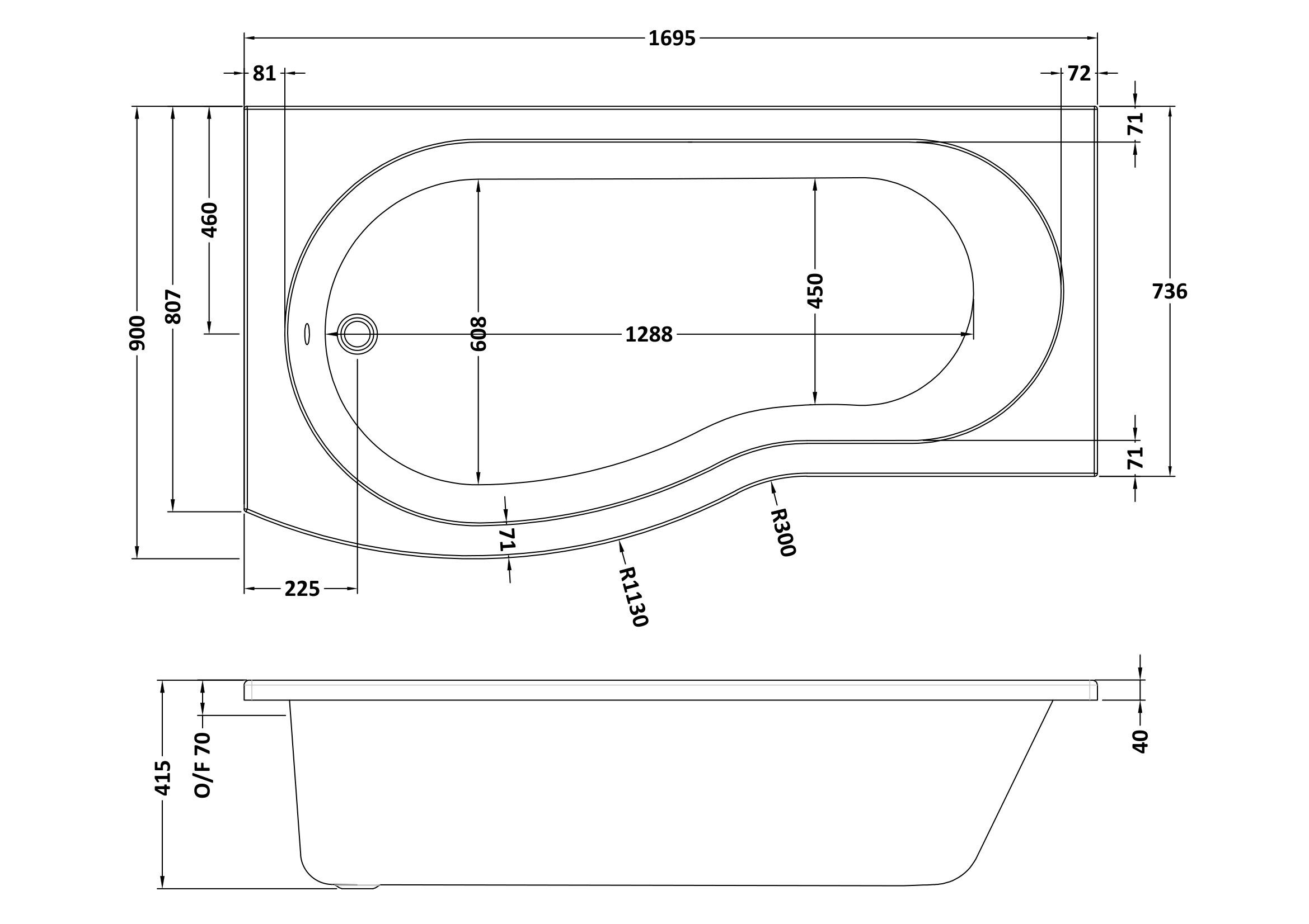 1700mm Left Hand B-Shaped Shower Bath With Screen, Side Panel And Leg Set