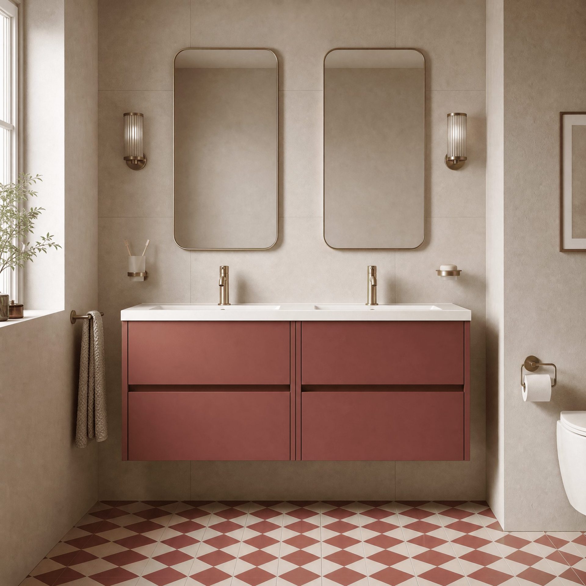 Nuie Havana 1200mm 4 Drawer Wall Hung Unit & Twin Polymarble Basin – Smoked Red