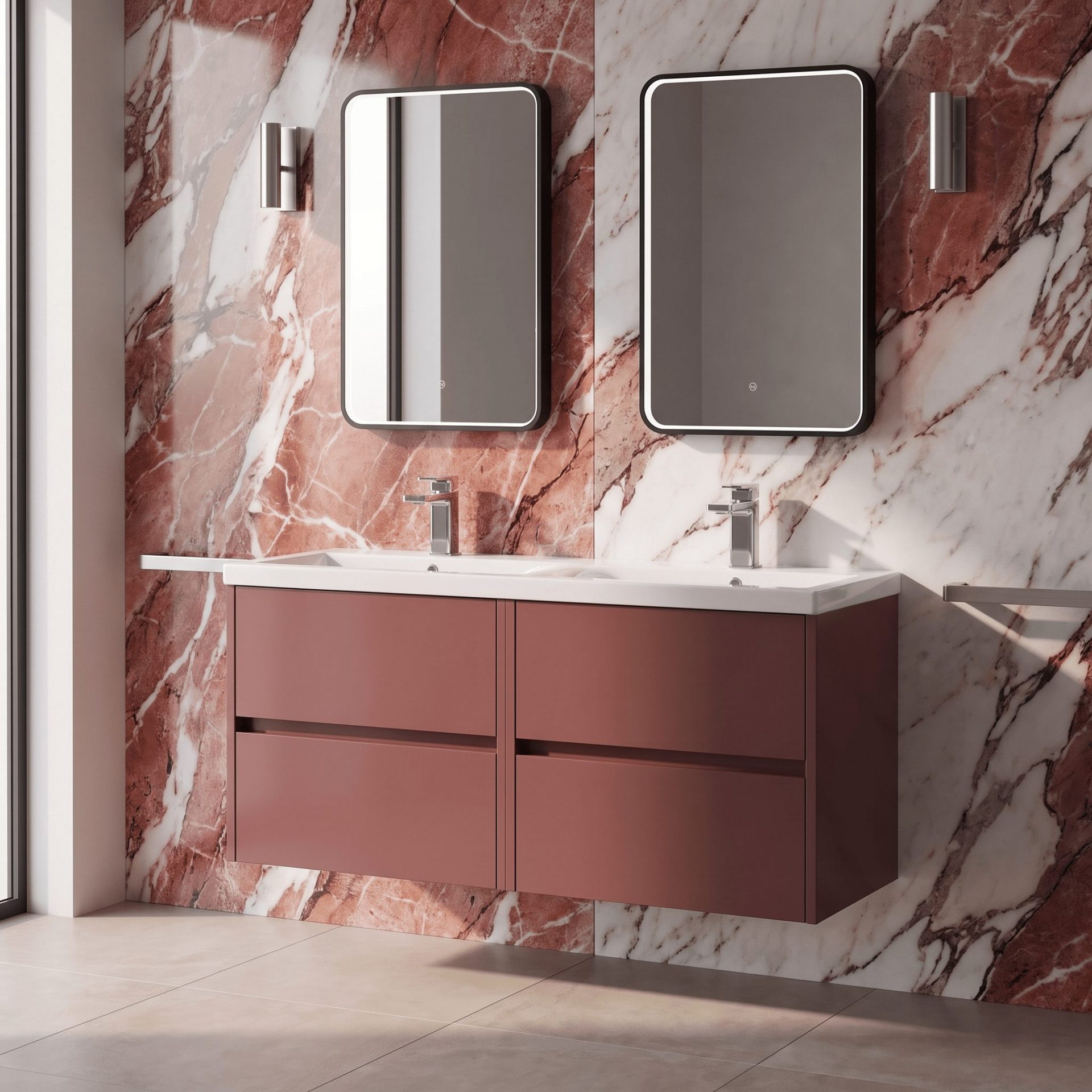 Nuie Havana 1200mm 4 Drawer Wall Hung Unit & Twin Ceramic Basin – Smoked Red