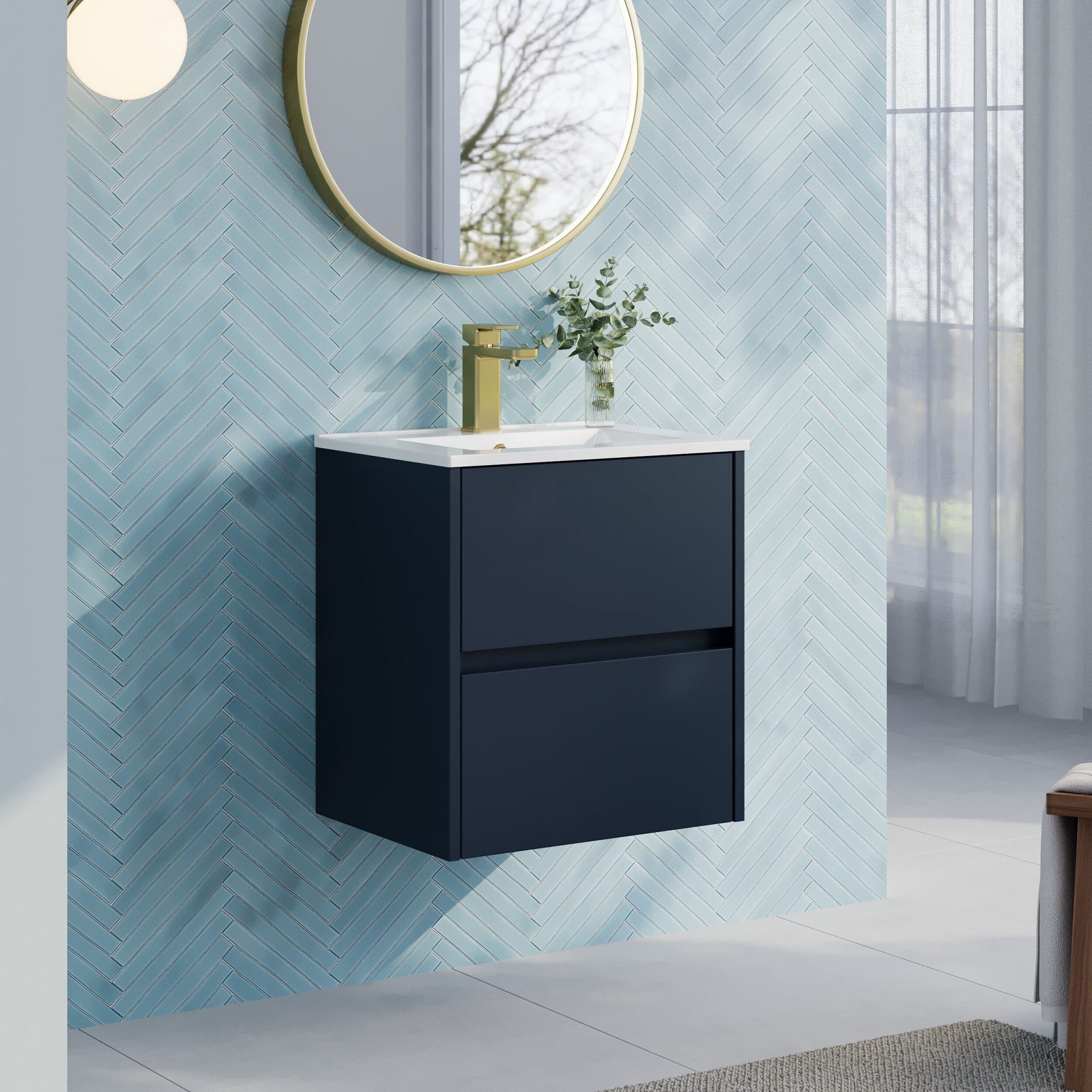 Nuie Havana 500mm 2 Drawer Wall Hung Unit & Minimalist Basin – Midnight Blue
