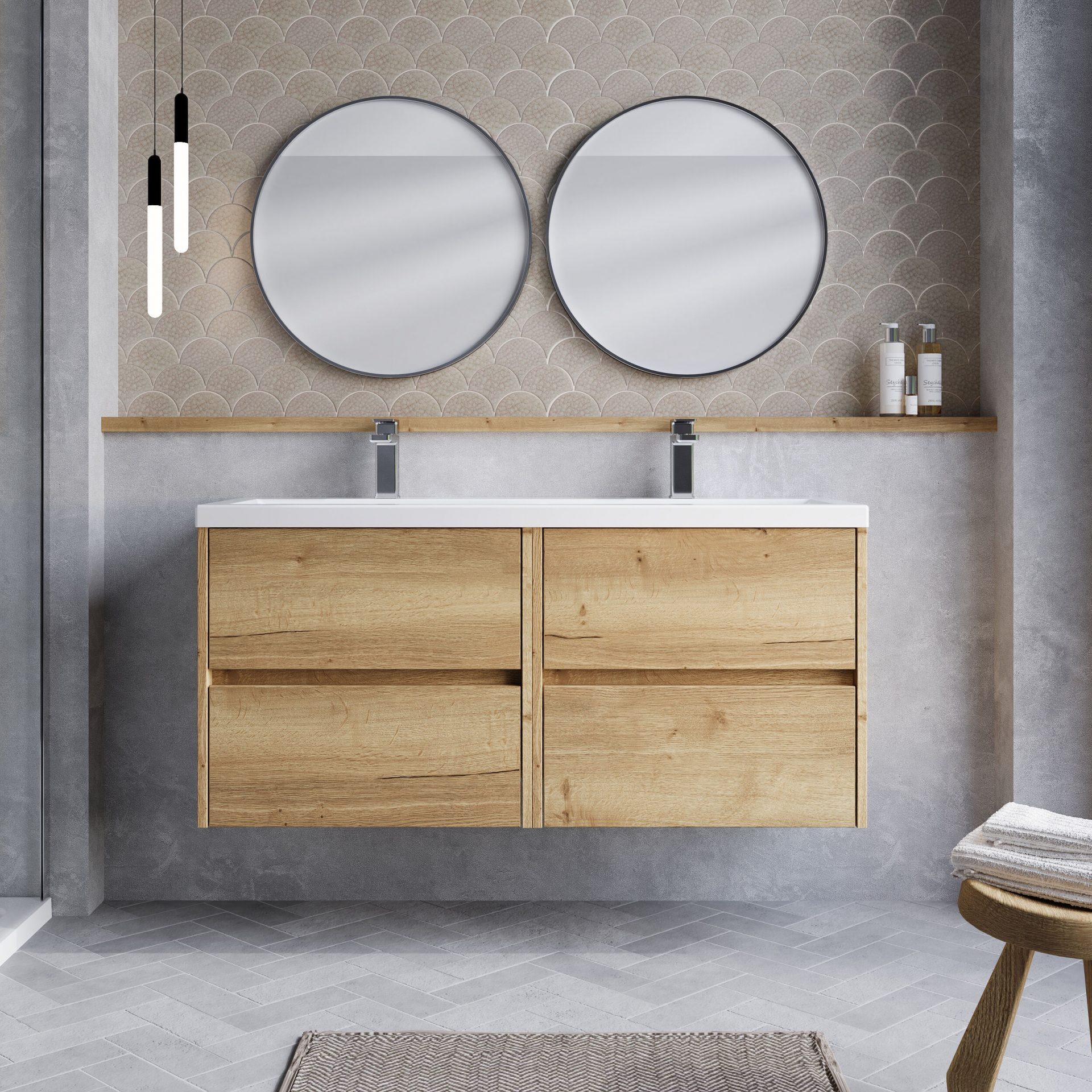 Nuie Havana 1200mm 4 Drawer Wall Hung Unit & Twin Ceramic Basin – Autumn Oak