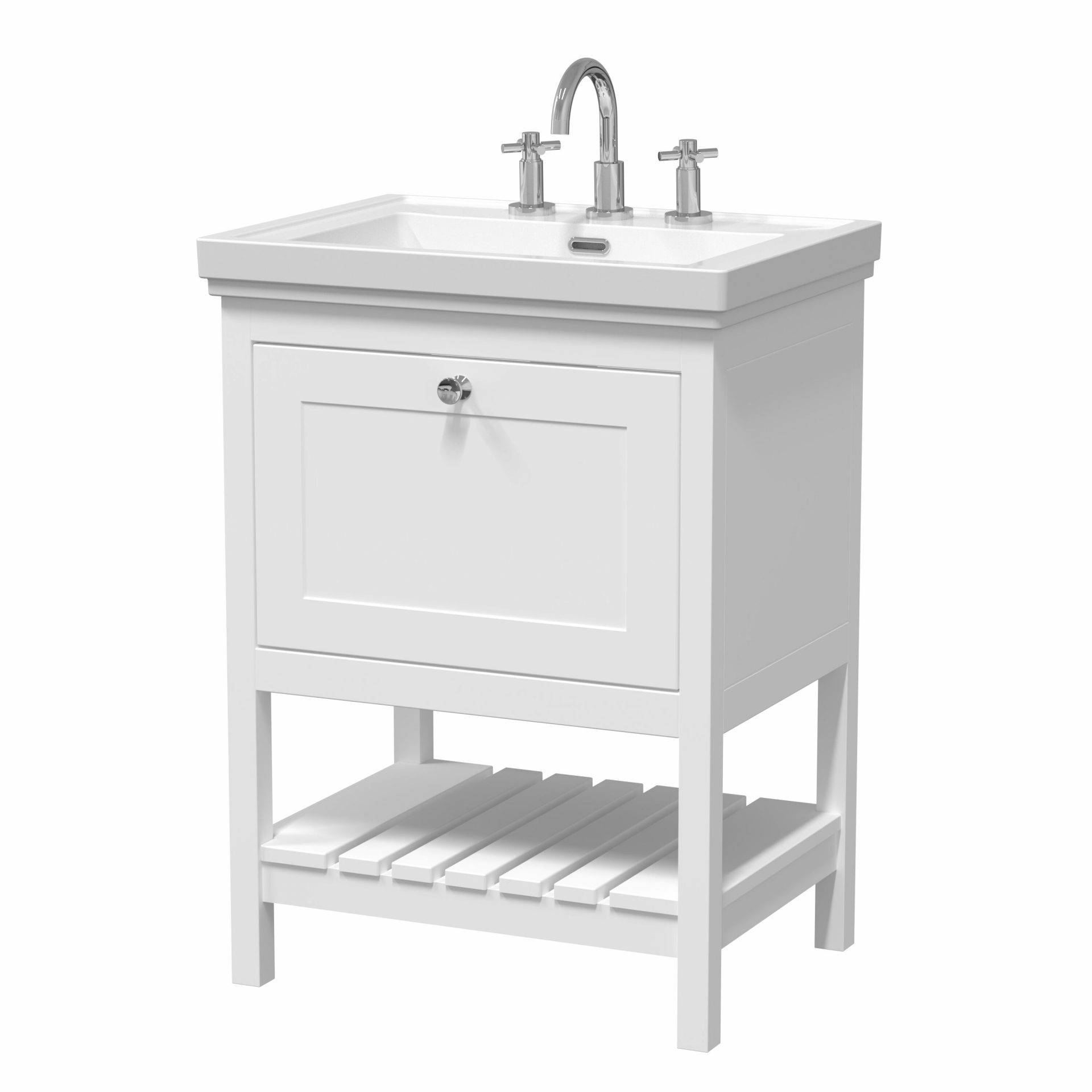 Old London Bexley 600mm 1 Drawer Floor Standing Vanity Unit & Basin – Pure White – 3 Tap Holes