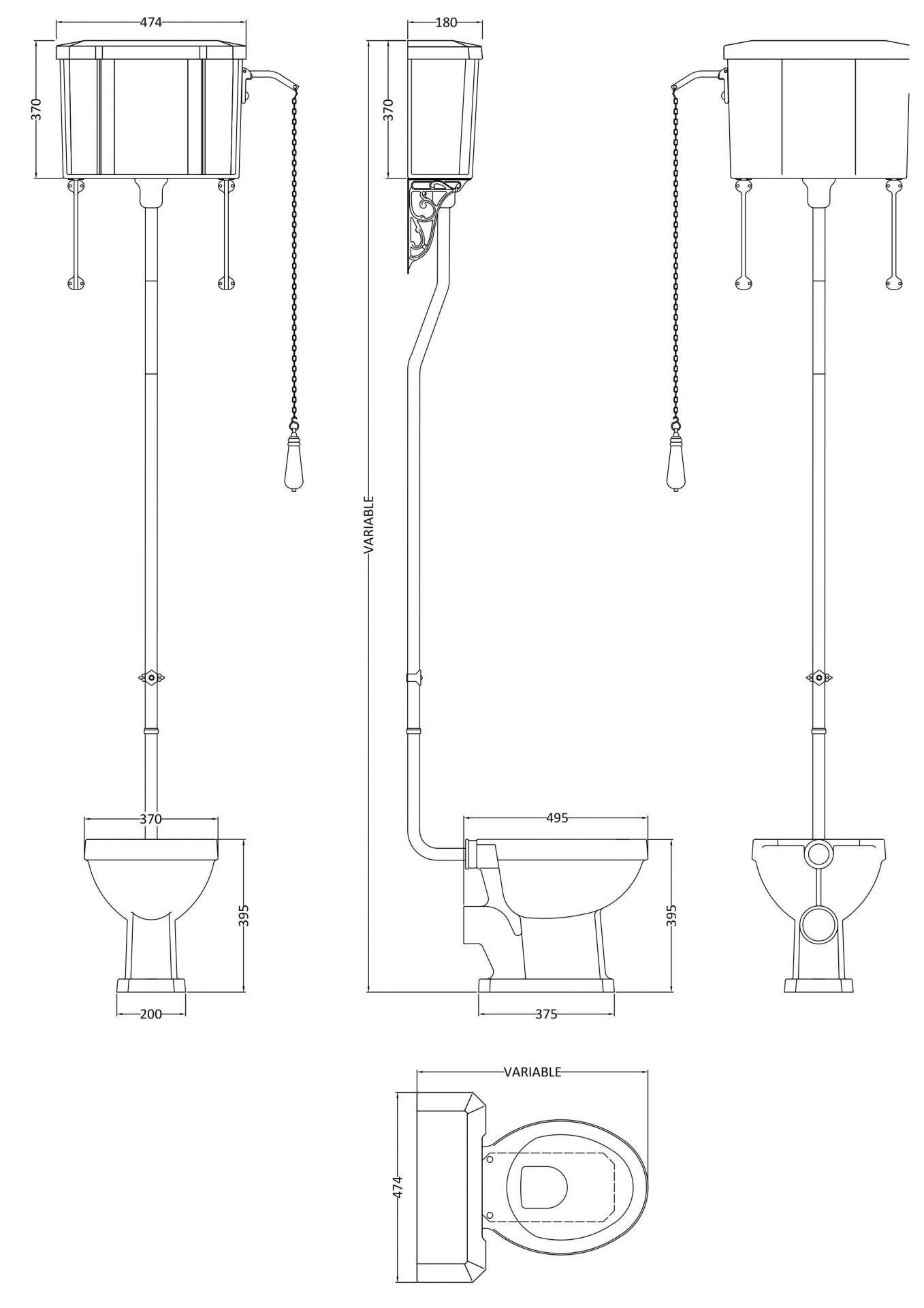 Old London Richmond Standard Height High Level Toilet with Cistern & Flush Pipe