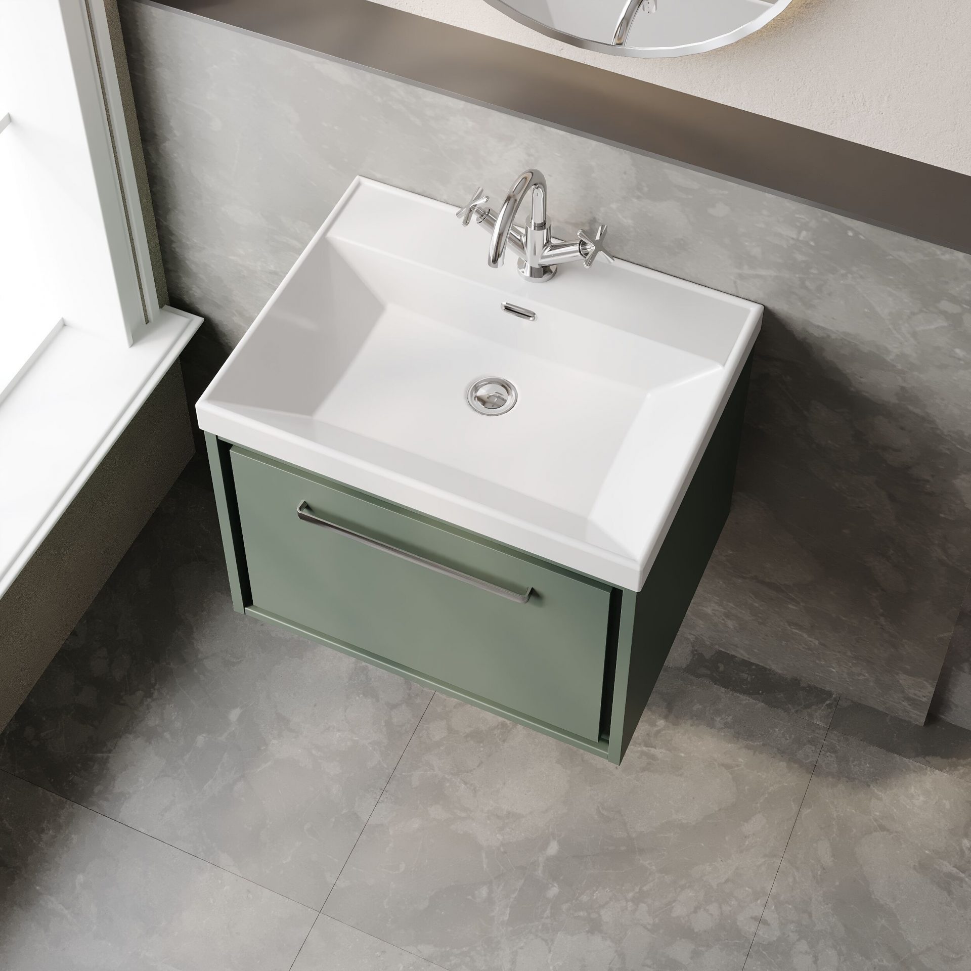 Hudson Reed Lille 600mm 1 Drawer Wall Hung Vanity Unit & Thin-Edge Basin – Fern Green