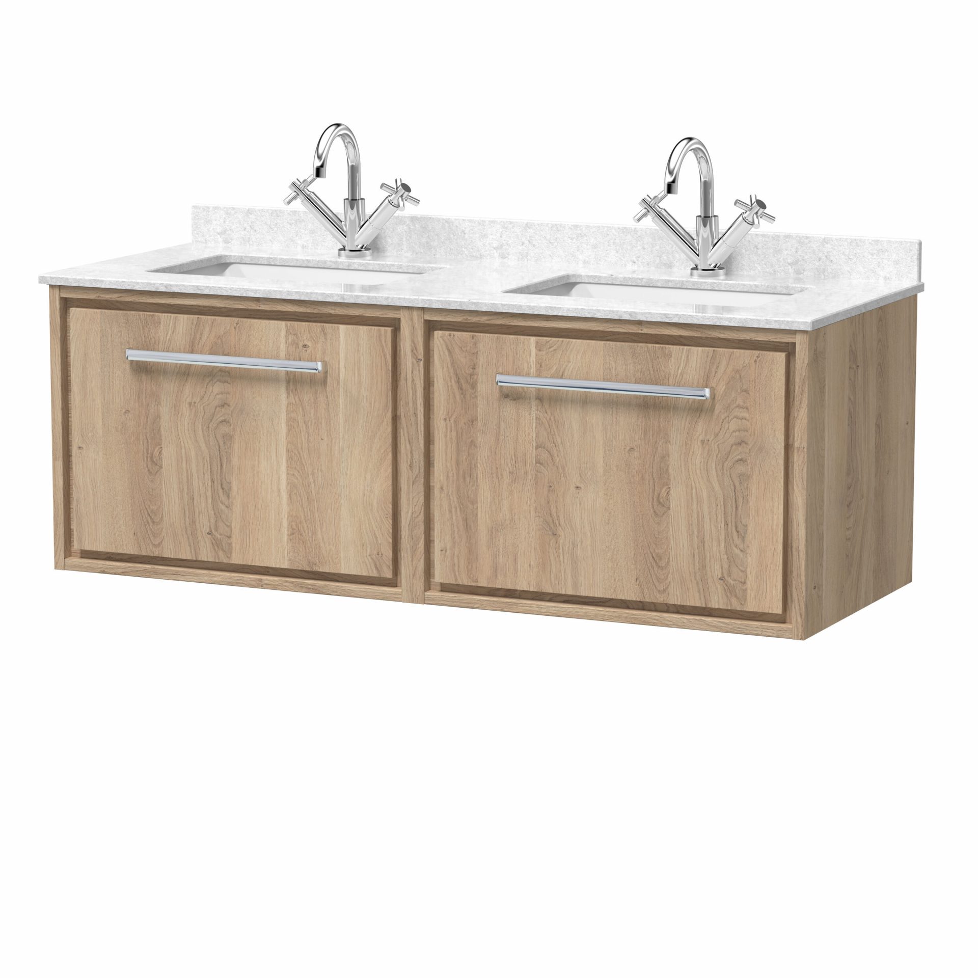 Hudson Reed Lille 1200mm 2 Drawer Wall Hung Vanity Unit & Double Basin – Bleached Oak