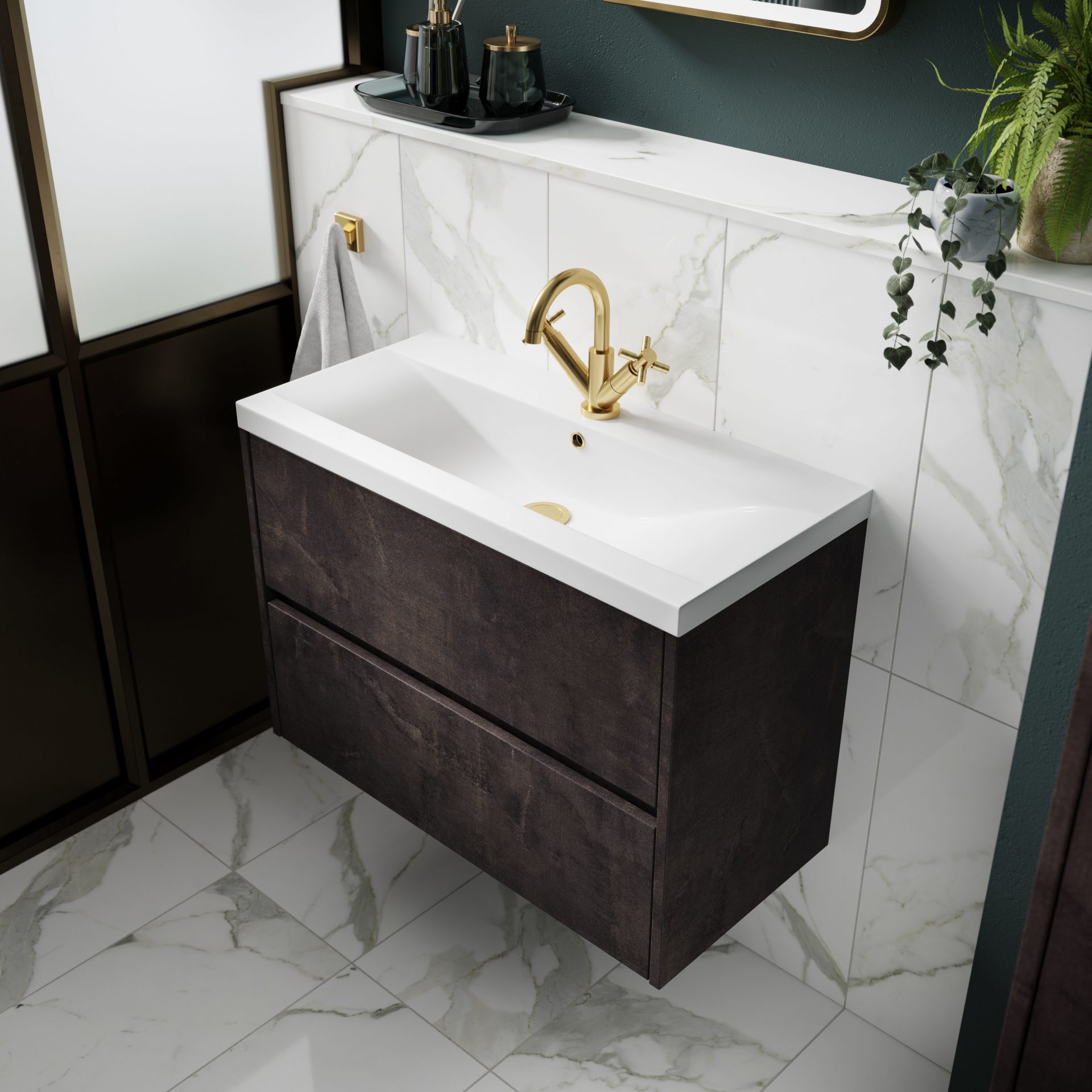 Nuie Havana 600mm 2 Drawer Wall Hung Unit & Mid Edge Basin – Metallic Slate