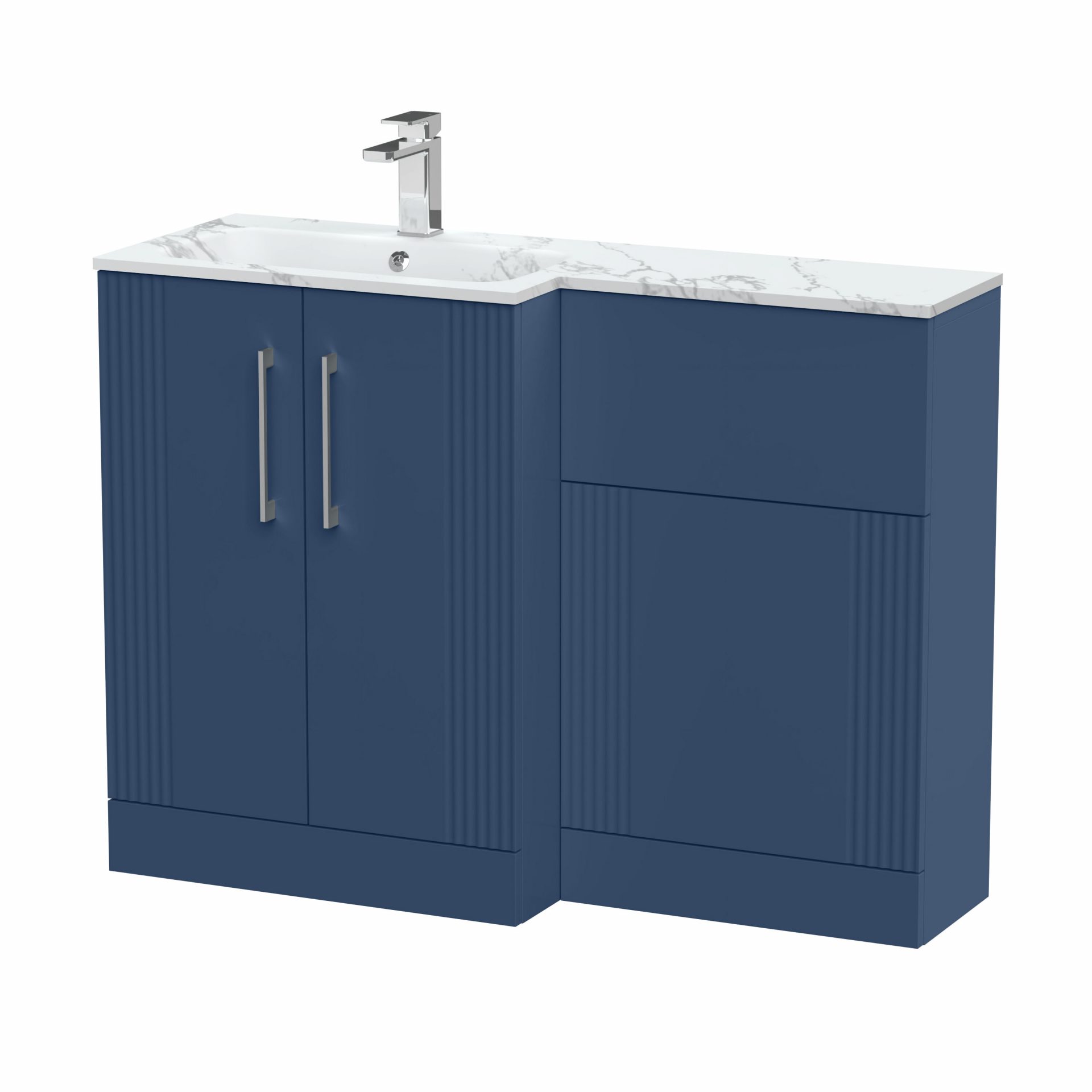 Nuie Deco 1100mm 2 Door Floor Standing Combination Unit with Carrara Marble Basin – Satin Blue