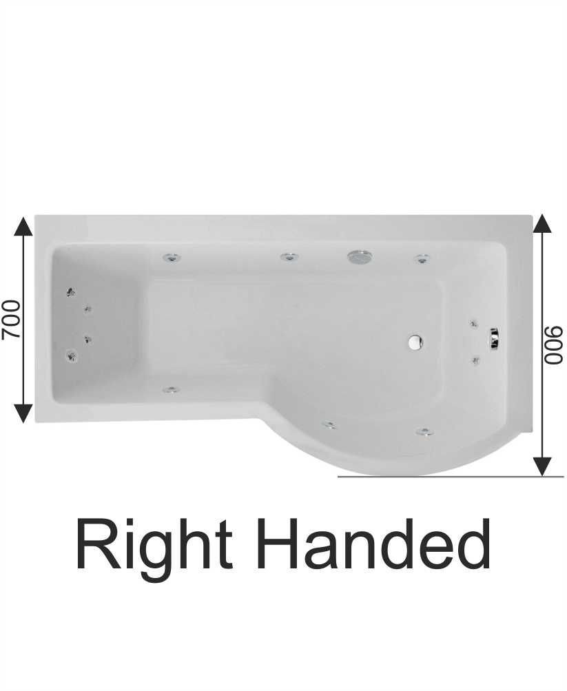 Sonas P-Shape 1700x900mm Right Hand Single Ended 12 Jet Whirlpool Bath & Panel with Bath Screen