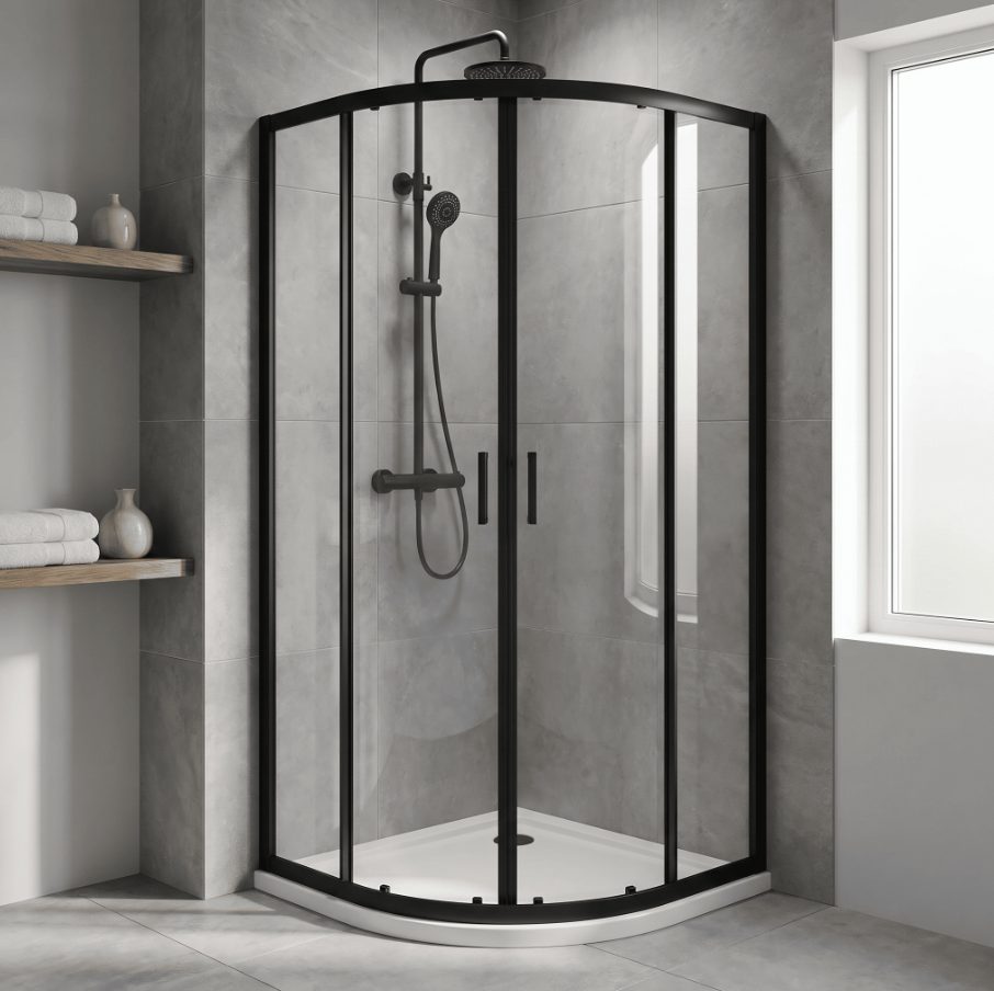 900mm Matt Black Quadrant Shower Enclosure With White Tray, Waste and Round Thermostatic Shower Kit