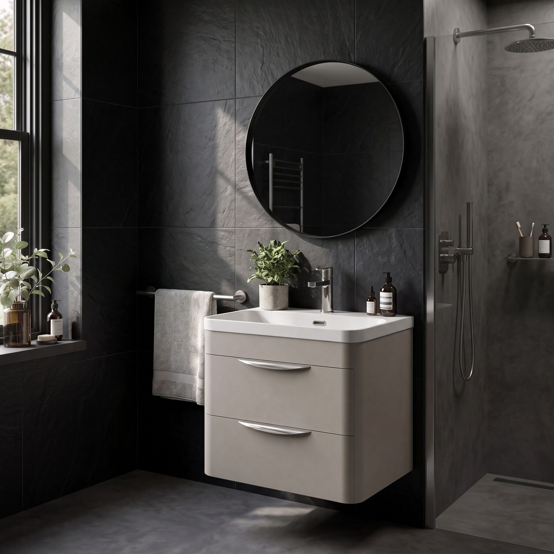 Nuie Parade 600mm 2 Drawer Wall Hung Vanity Unit & Thin-Edge Ceramic Basin – Pebble Grey
