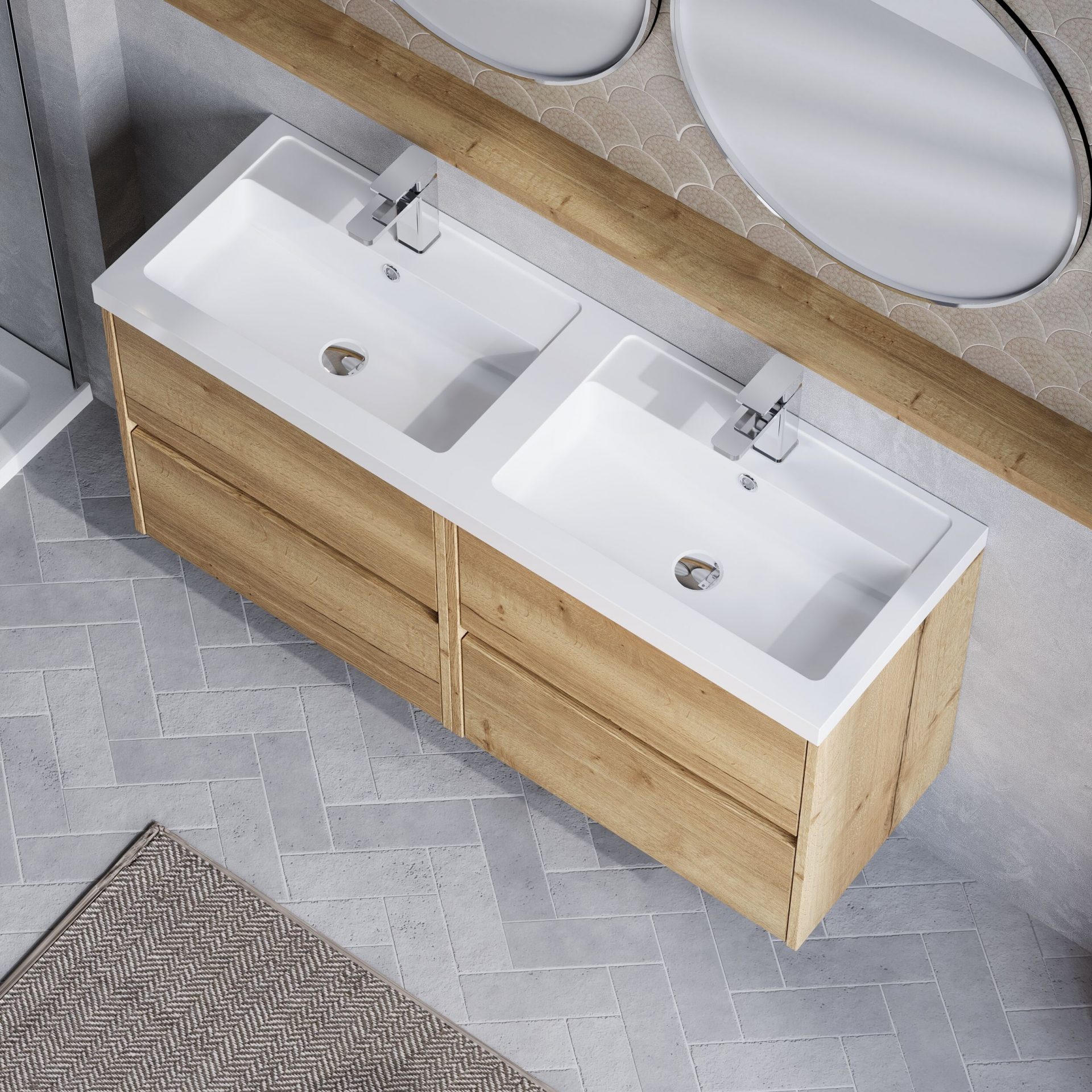 Nuie Havana 1200mm 4 Drawer Wall Hung Unit & Twin Polymarble Basin – Autumn Oak