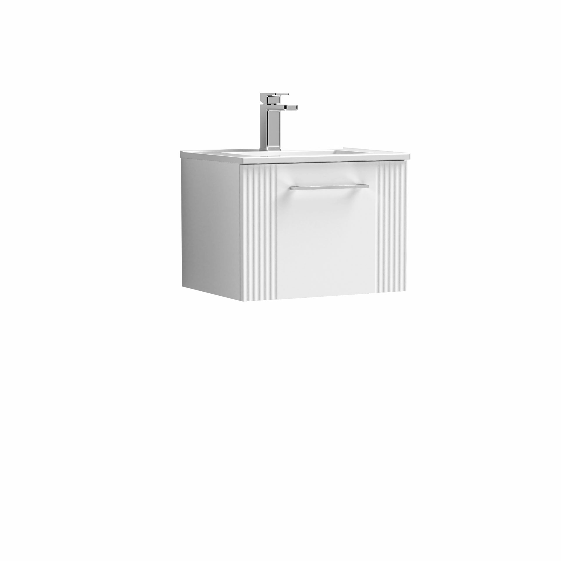 Nuie Deco Fluted 500mm 1 Drawer Wall Hung Unit & Minimalist Basin – Satin White