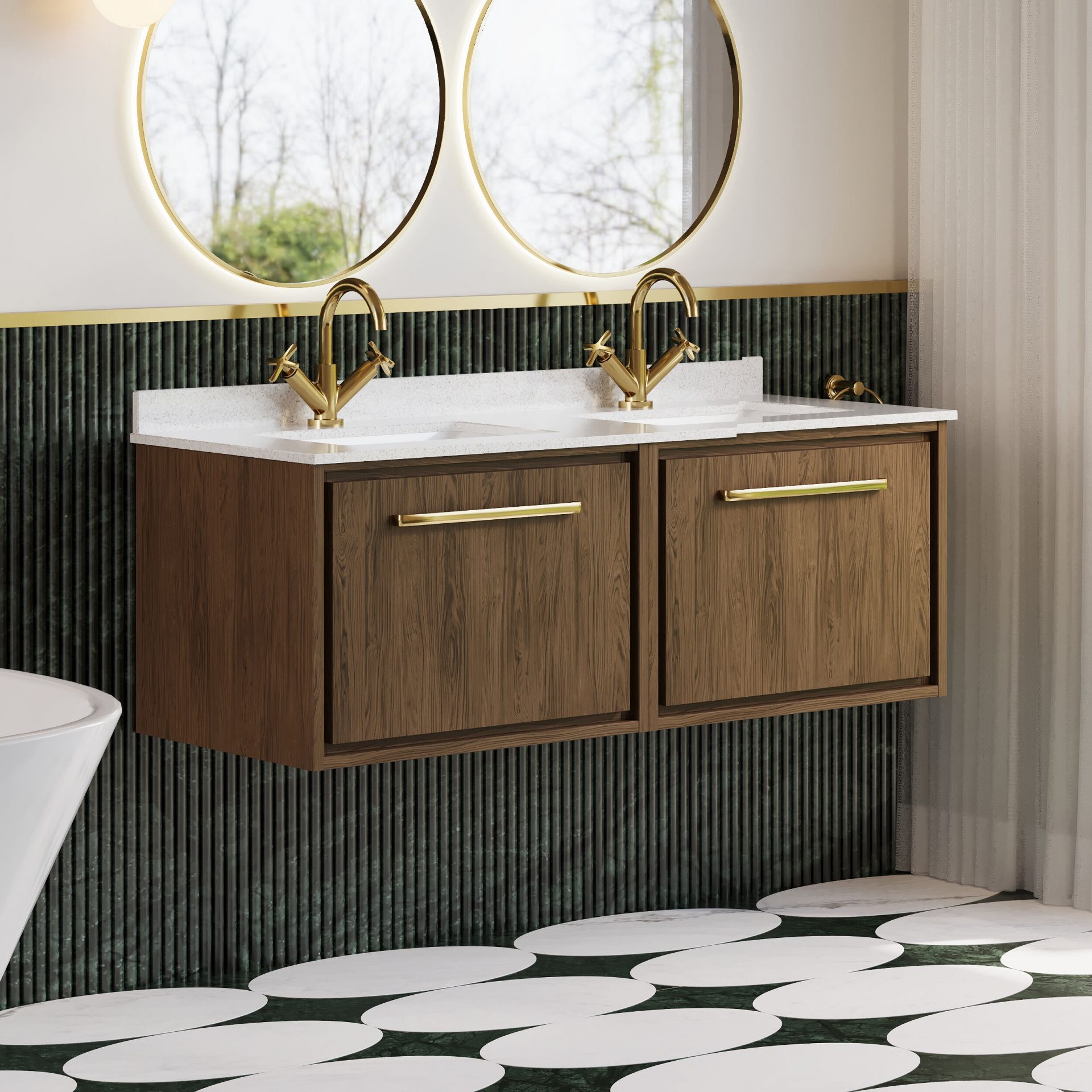 Hudson Reed Lille 1200mm 2 Drawer Wall Hung Vanity Unit & Double Basin – Antique Oak