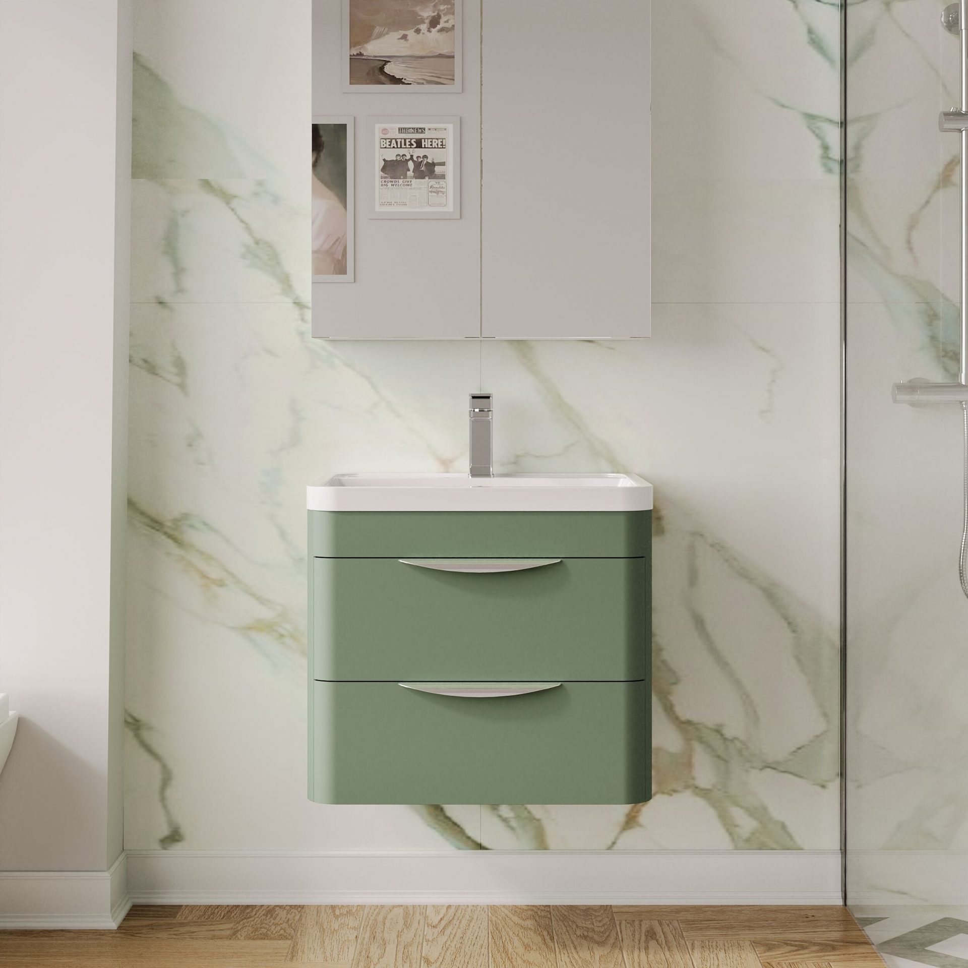 Nuie Parade 600mm 2 Drawer Wall Hung Vanity Unit & Polymarble Basin – Satin Green