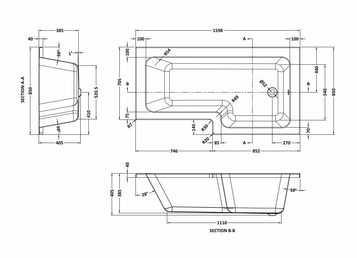 1600mm Right Hand Square Shower Bath Set with Screen, Side Panel And Leg Set