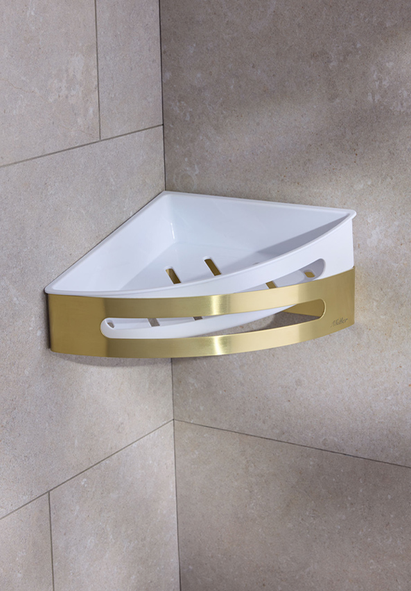 Miller Signature Corner Shower Basket with White Liner – Brushed Brass
