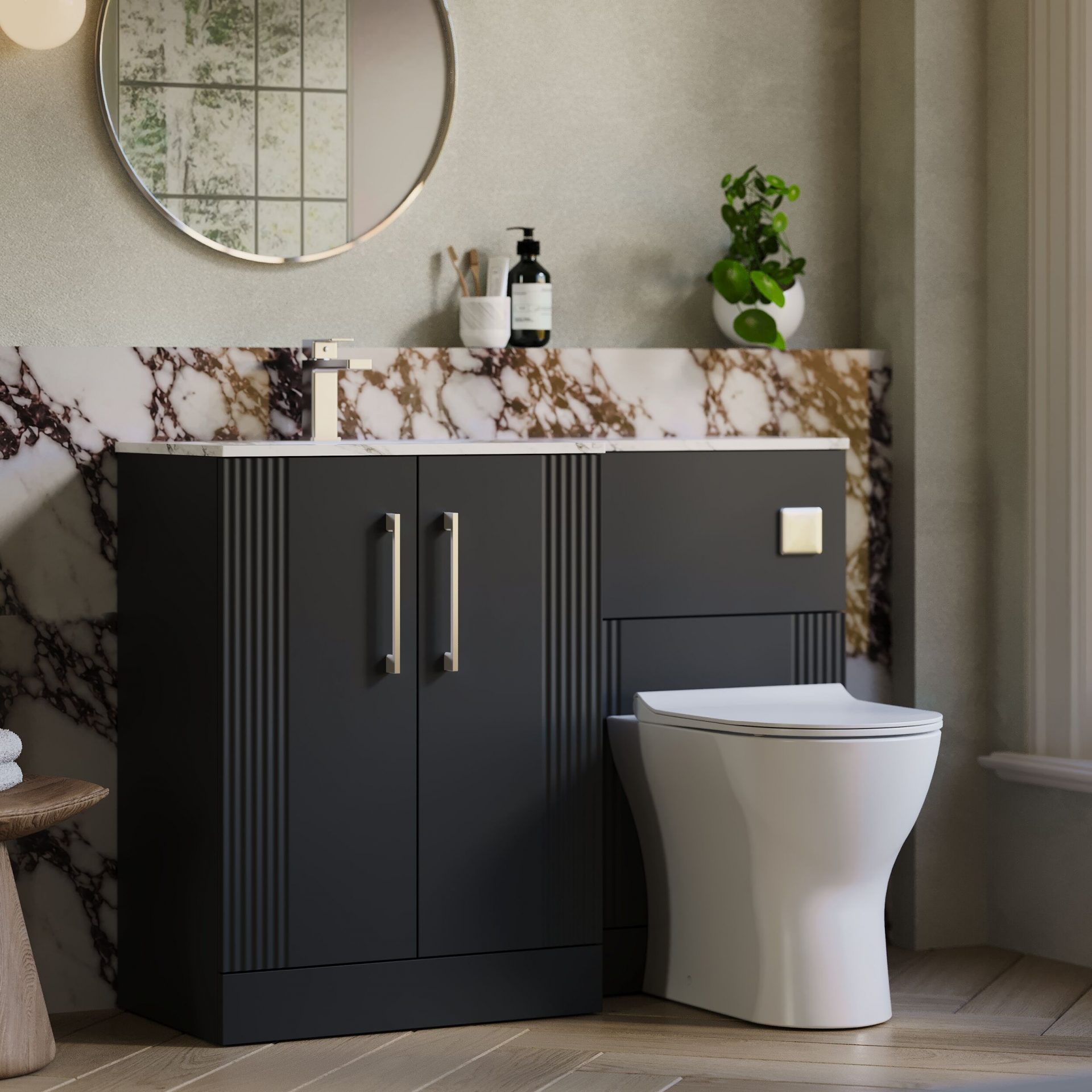 Nuie Deco 1100mm 2 Door Floor Standing Combination Unit with Carrara Marble Basin – Soft Black
