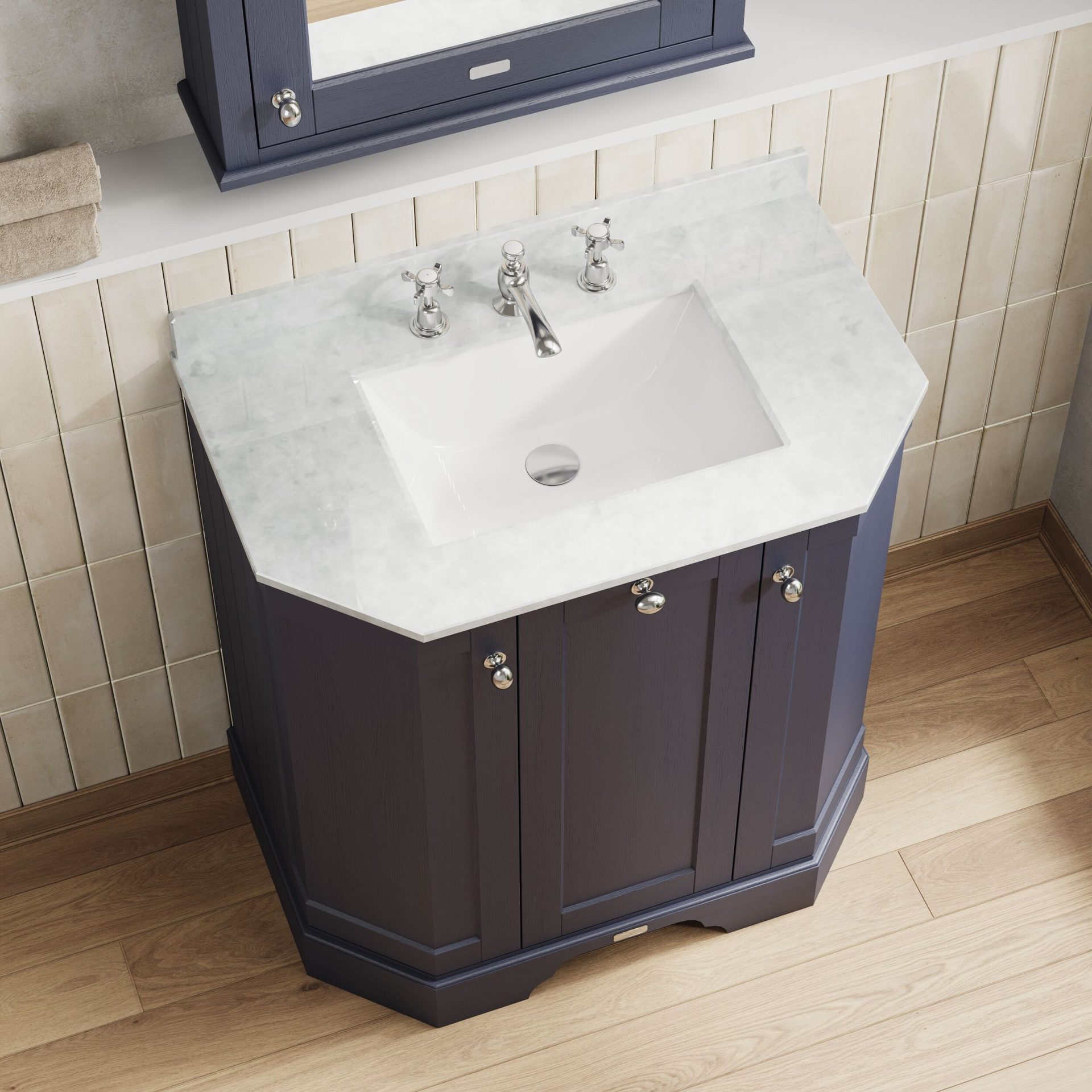 Old London 750mm 3 Door Floor Standing Angled Vanity Unit & White Marble Basin – Twilight Blue