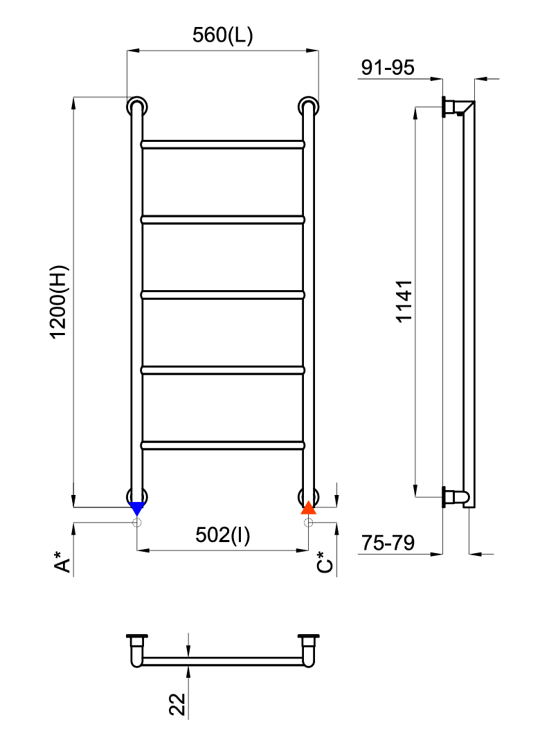 Porcelanosa Noken Round Radiator 560x1200mm – Chrome