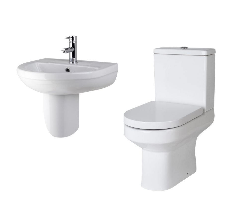 Ceramic Bathroom Suite – Toilet, Cistern, Seat, Basin and Semi Pedestal