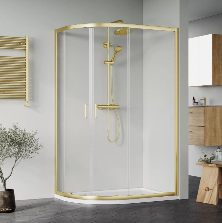 1200 x 800mm Brushed Brass Right Hand Offset Quadrant Shower Enclosure With White Tray and Waste