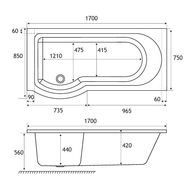 Eastbrook Ultra Strong Beauforte Portland P-Shaped Shower Bath 1700x850mm