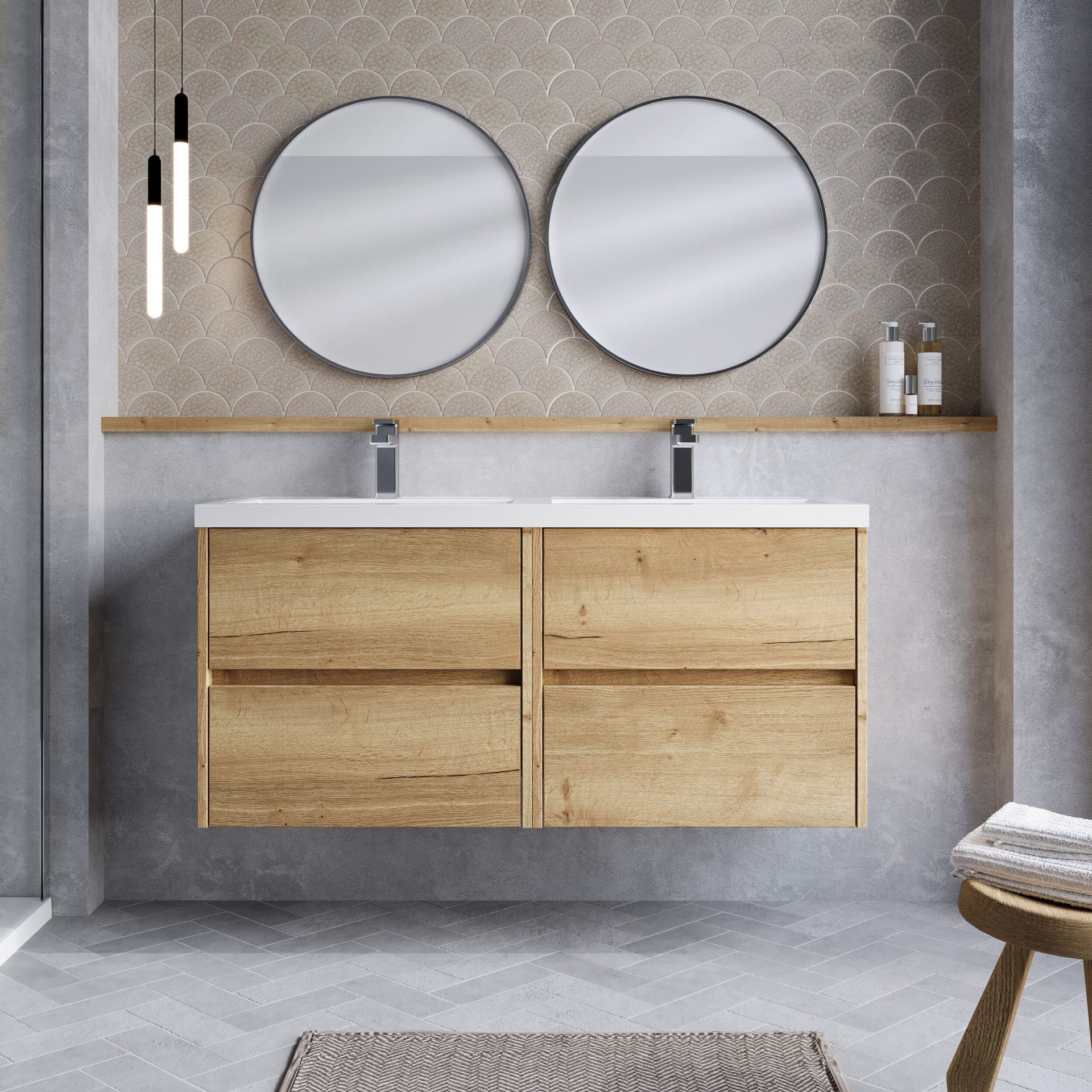 Nuie Havana 1200mm 4 Drawer Wall Hung Unit & Twin Polymarble Basin – Autumn Oak