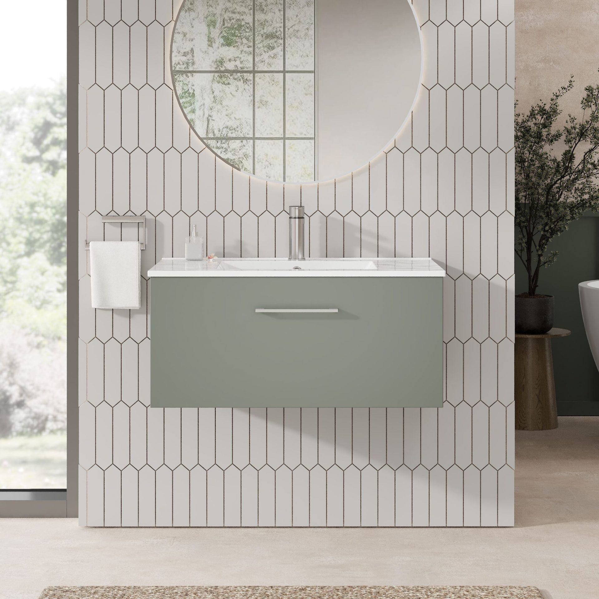 Nuie Lux Kivo 800mm 1 Drawer Wall Hung Vanity Unit – Fern Green