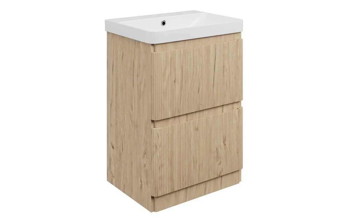 MyBathrooms Clara Fluted 605mm 2 Drawer Floorstanding Unit & 1TH Basin – Textured Oak