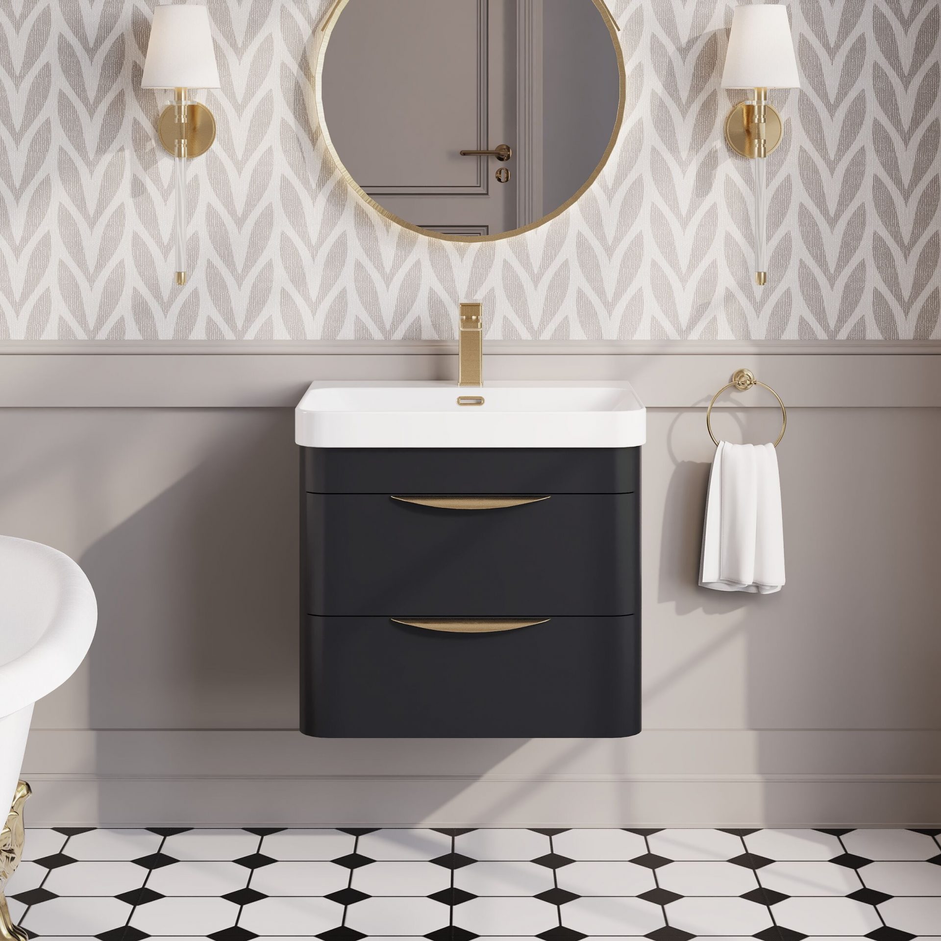 Nuie Parade 600mm 2 Drawer Wall Hung Vanity Unit & Thin-Edge Ceramic Basin – Soft Black