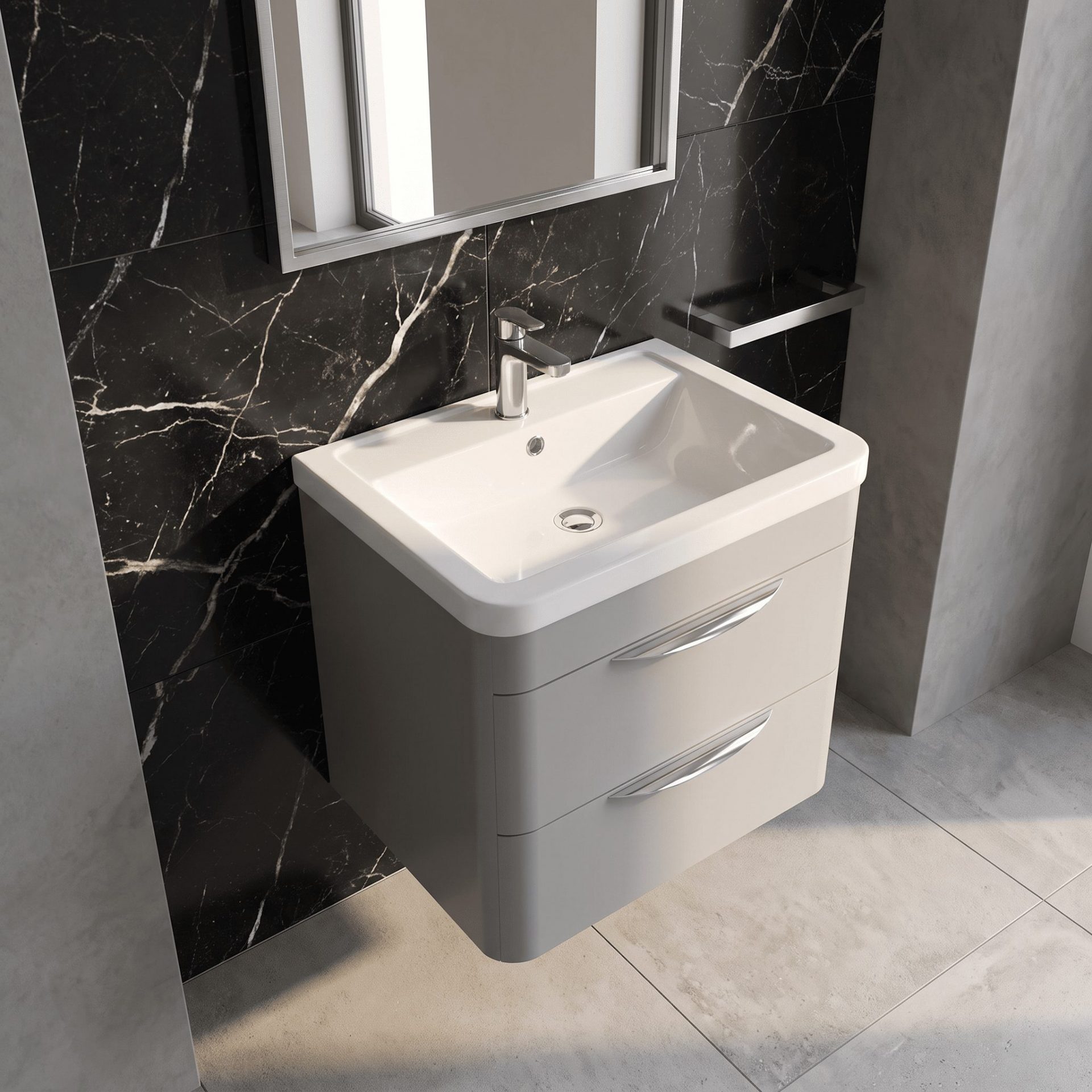 Nuie Parade 600mm 2 Drawer Wall Hung Vanity Unit & Ceramic Basin – Satin Grey
