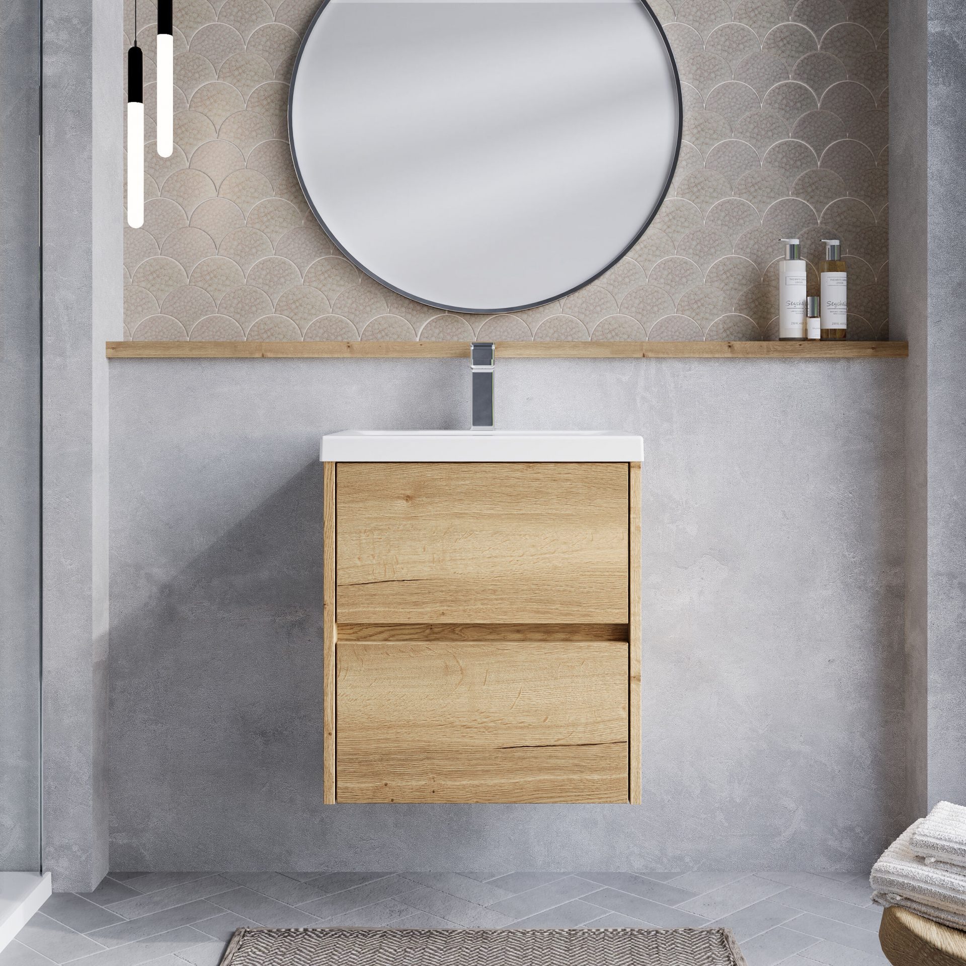 Nuie Havana 500mm 2 Drawer Wall Hung Unit & Mid Edge Basin – Autumn Oak