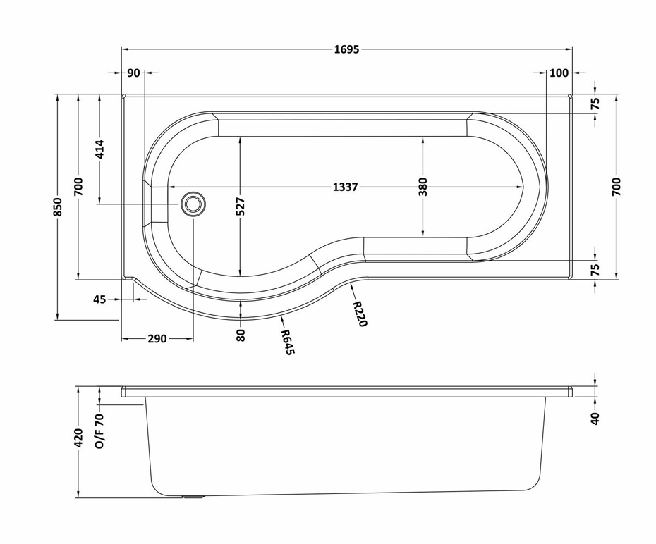 1700mm Left Hand P-Shaped Shower Bath With Screen, Side Panel And Leg Set