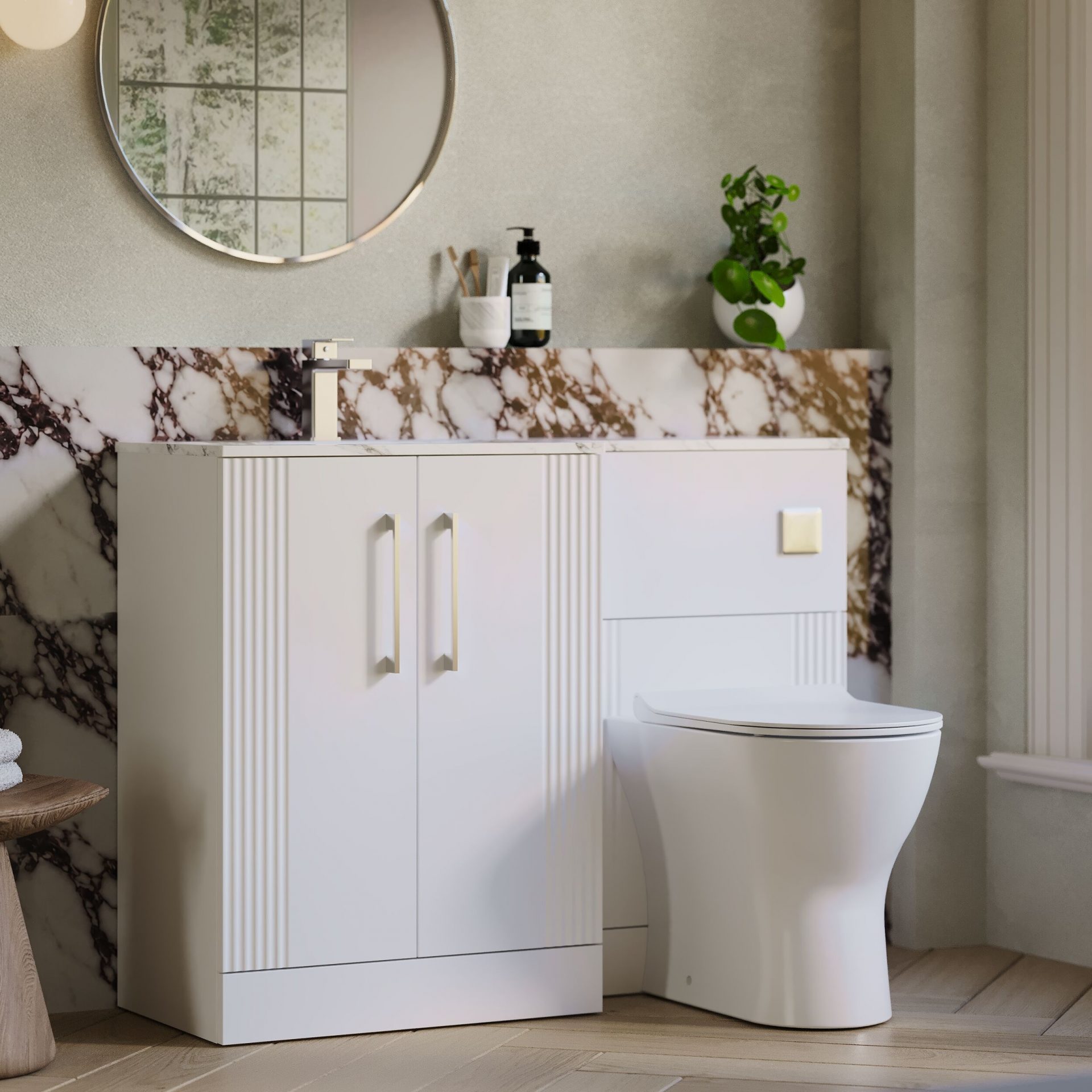 Nuie Deco 1100mm 2 Door Floor Standing Combination Unit with Carrara Marble Basin – Satin White