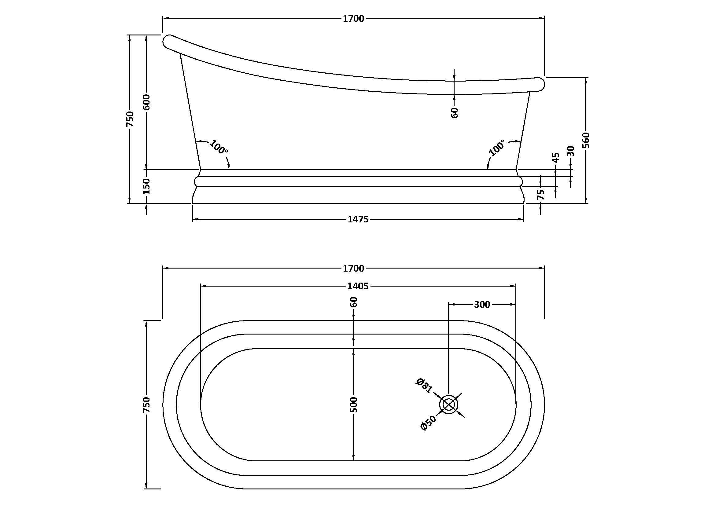 BC Designs Slipper 1700mm Copper Nickel Freestanding Bath