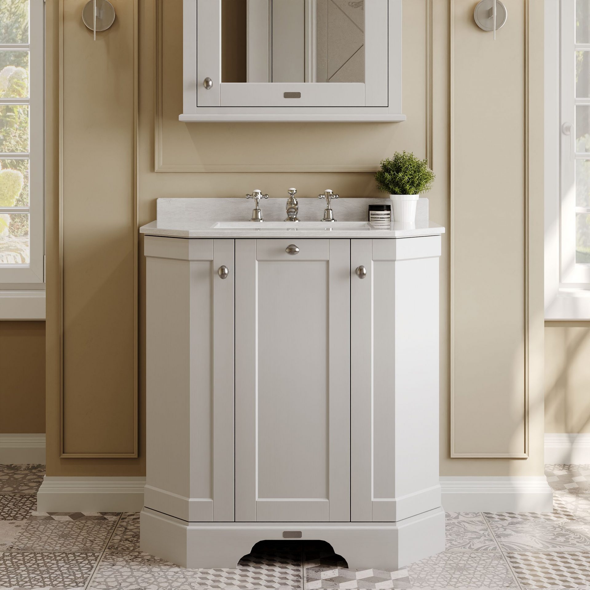Old London 750mm 3 Door Floor Standing Angled Vanity Unit & White Marble Basin – Timeless Sand