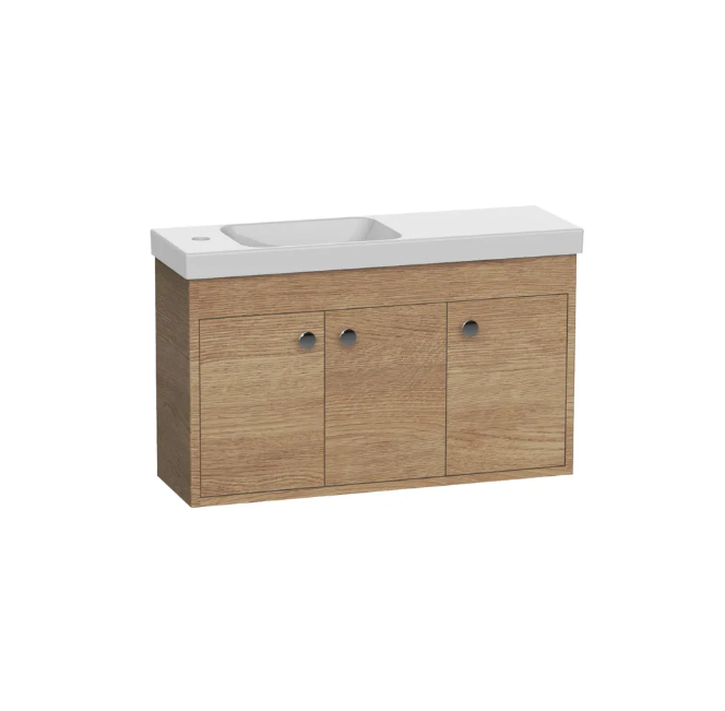 R2 Klein 800mm 3 Door Wall Mounted Vanity Unit & Basin – Swiss Oak