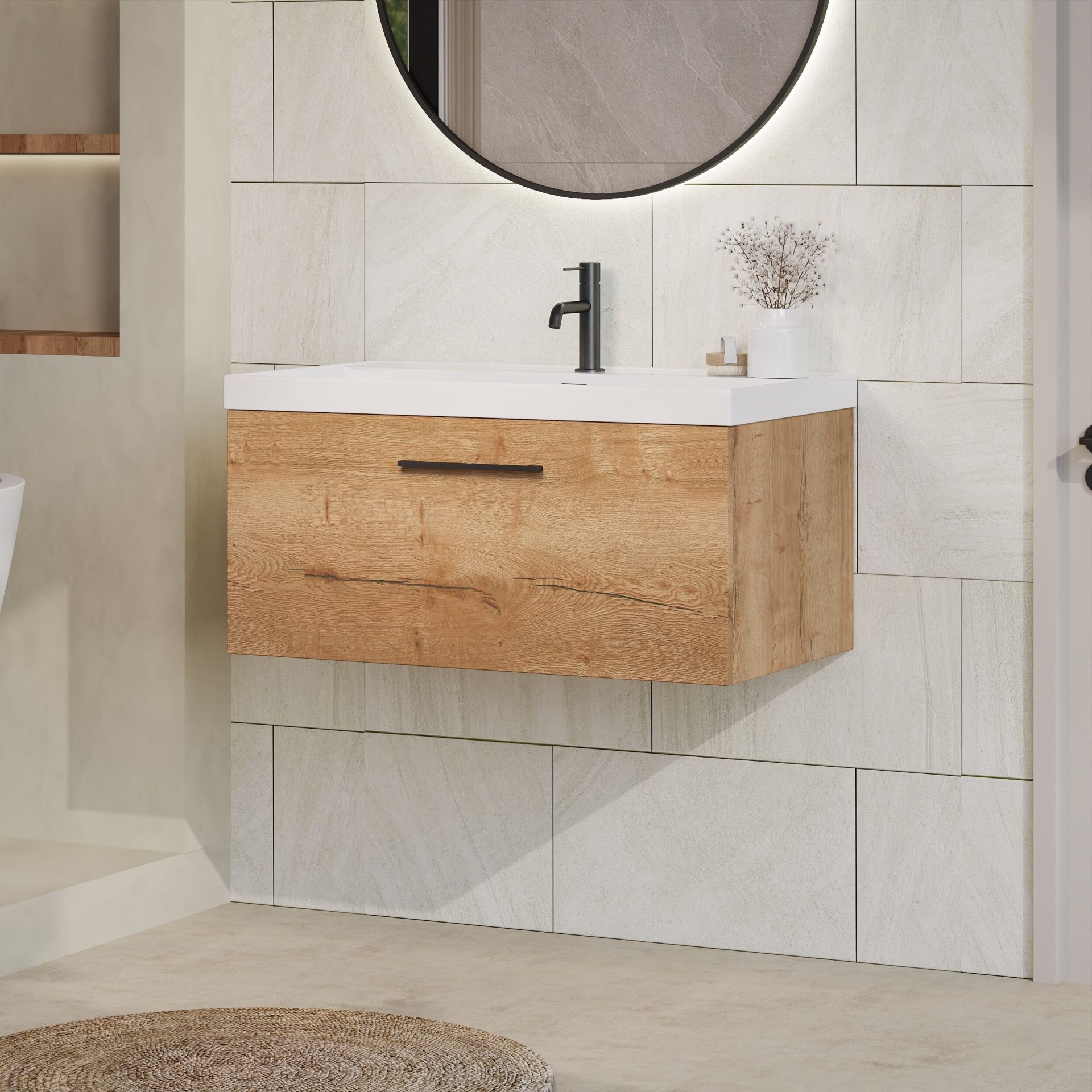 Nuie Lux Kivo 800mm 1 Drawer Wall Hung Vanity Unit – Autumn Oak