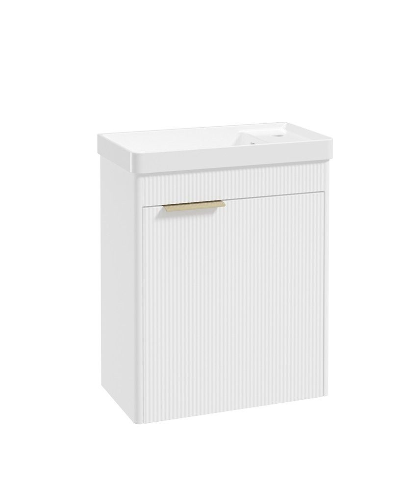 Sonas Reed Cloakroom 550mm 1 Door Wall Hung Unit & Basin – Lakeshore Lily – Brushed Gold Handle