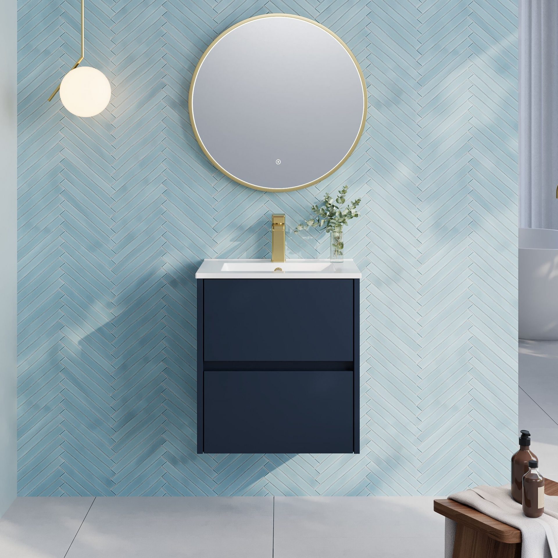 Nuie Havana 500mm 2 Drawer Wall Hung Unit & Minimalist Basin – Midnight Blue